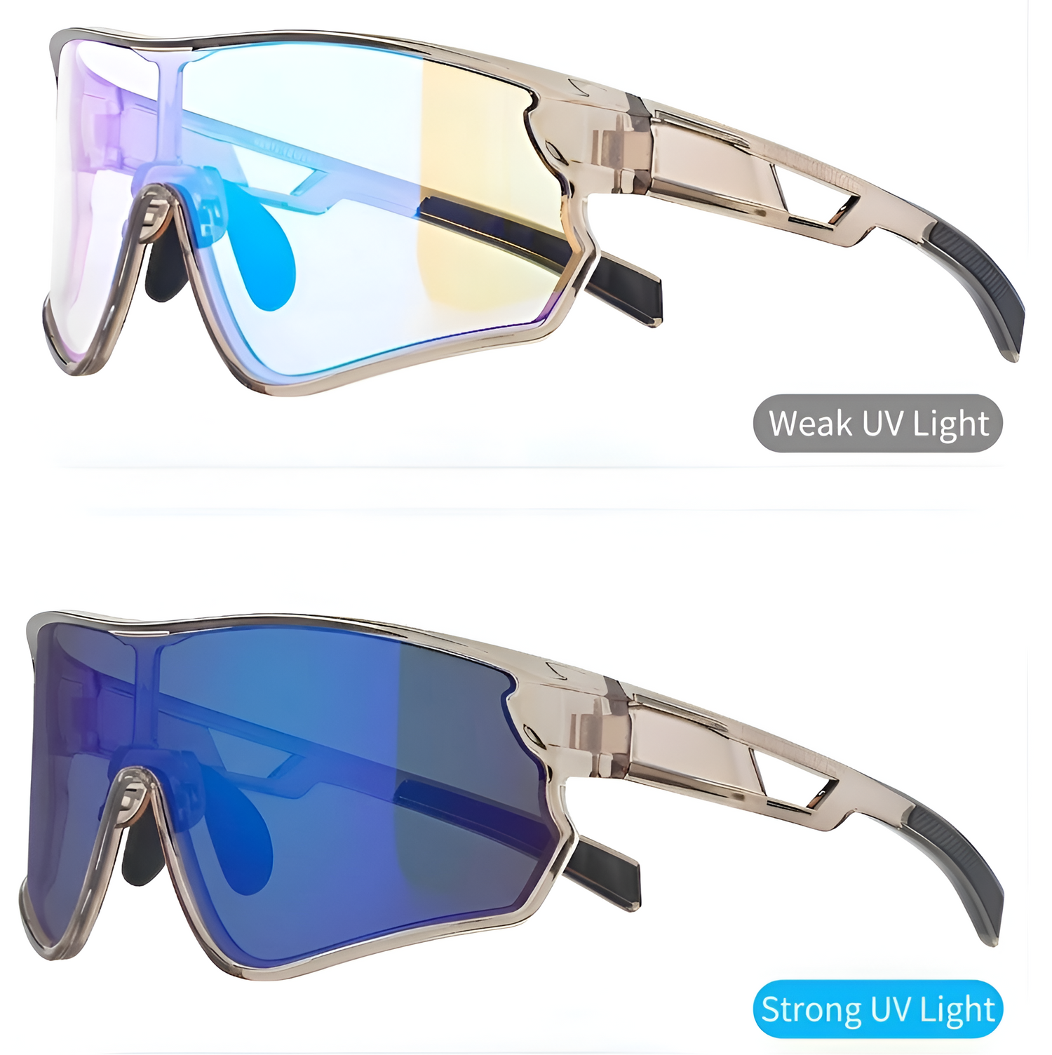 Sunglasses with different lens colors indicating weak and strong UV light on a white background.