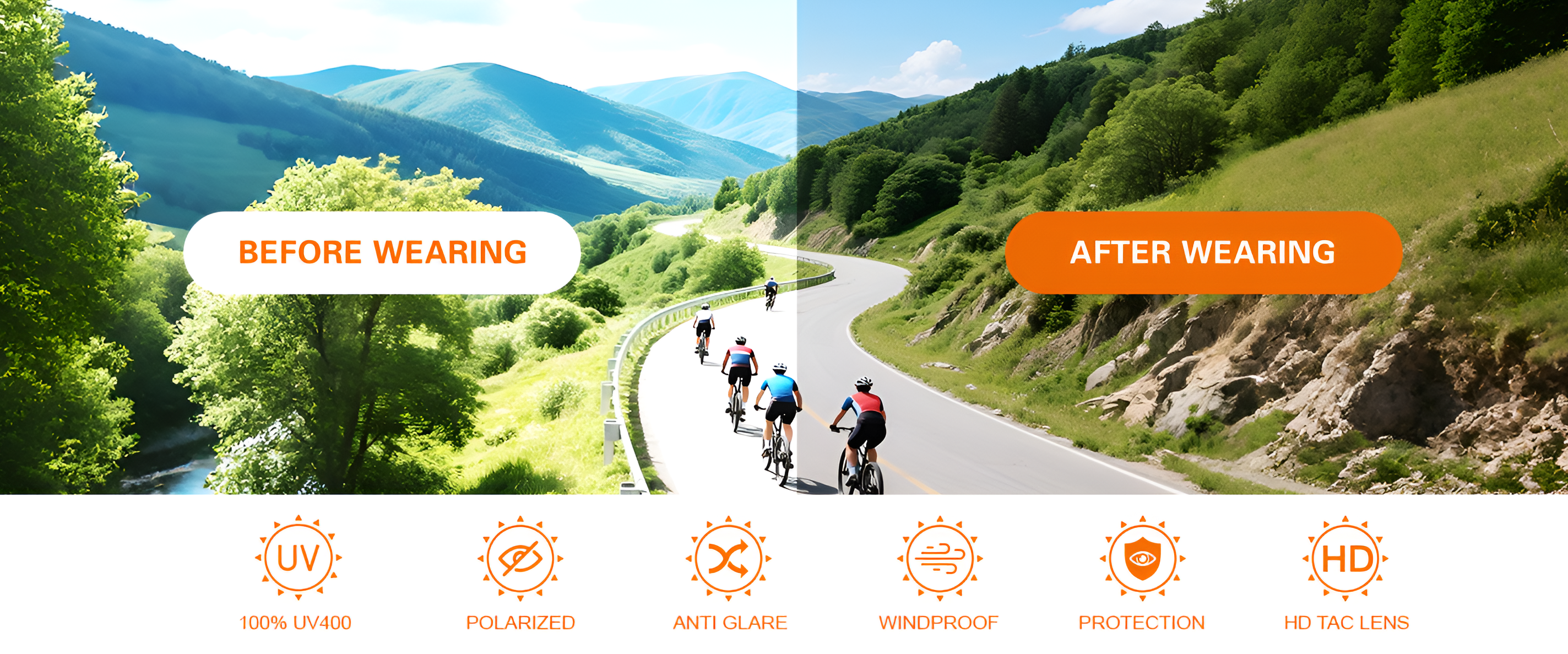 Before and after wearing sunglasses comparison with a scenic road and mountains.