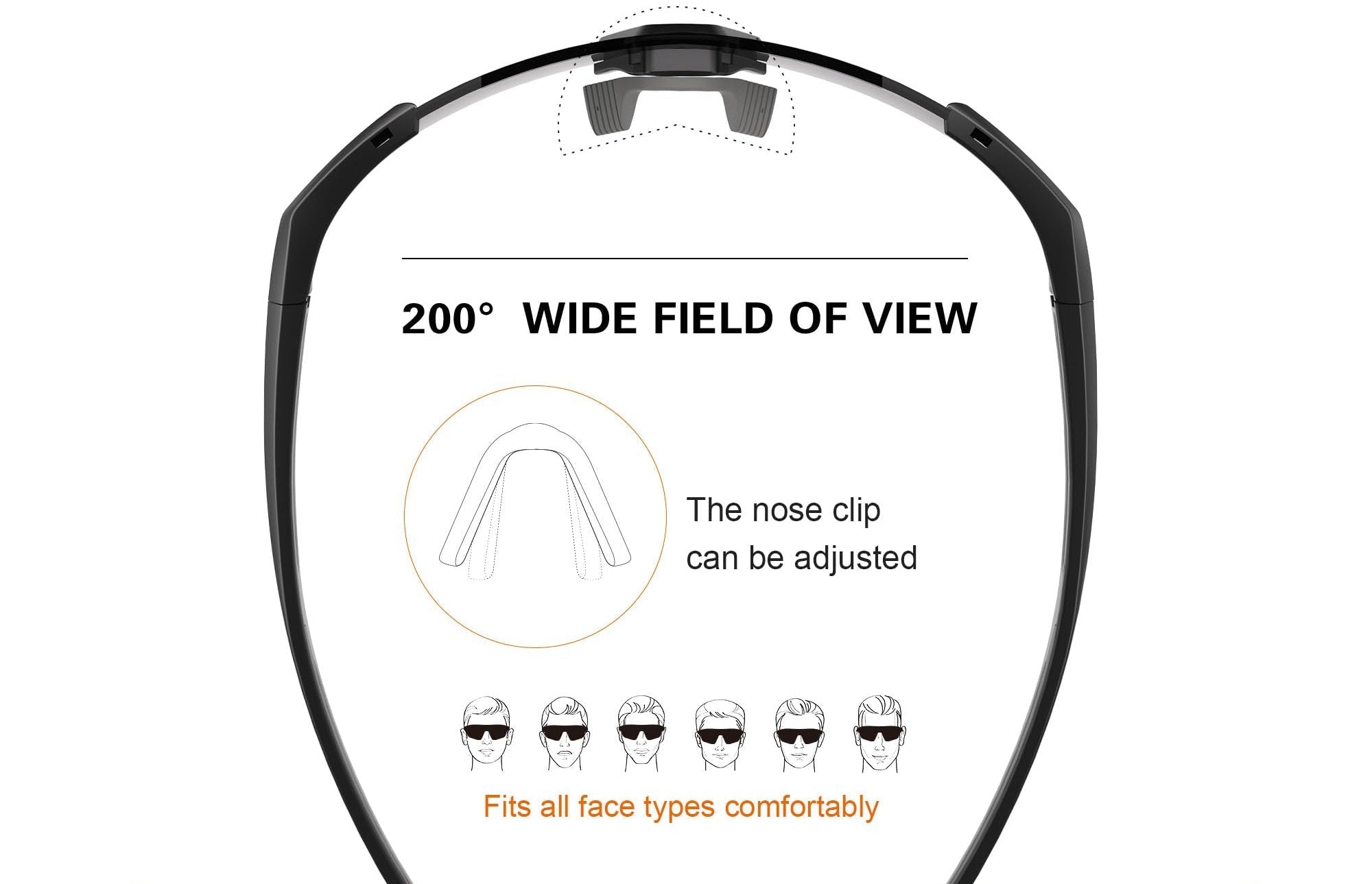 Goggles with nose clip feature and TR90 frame specifications on a white background