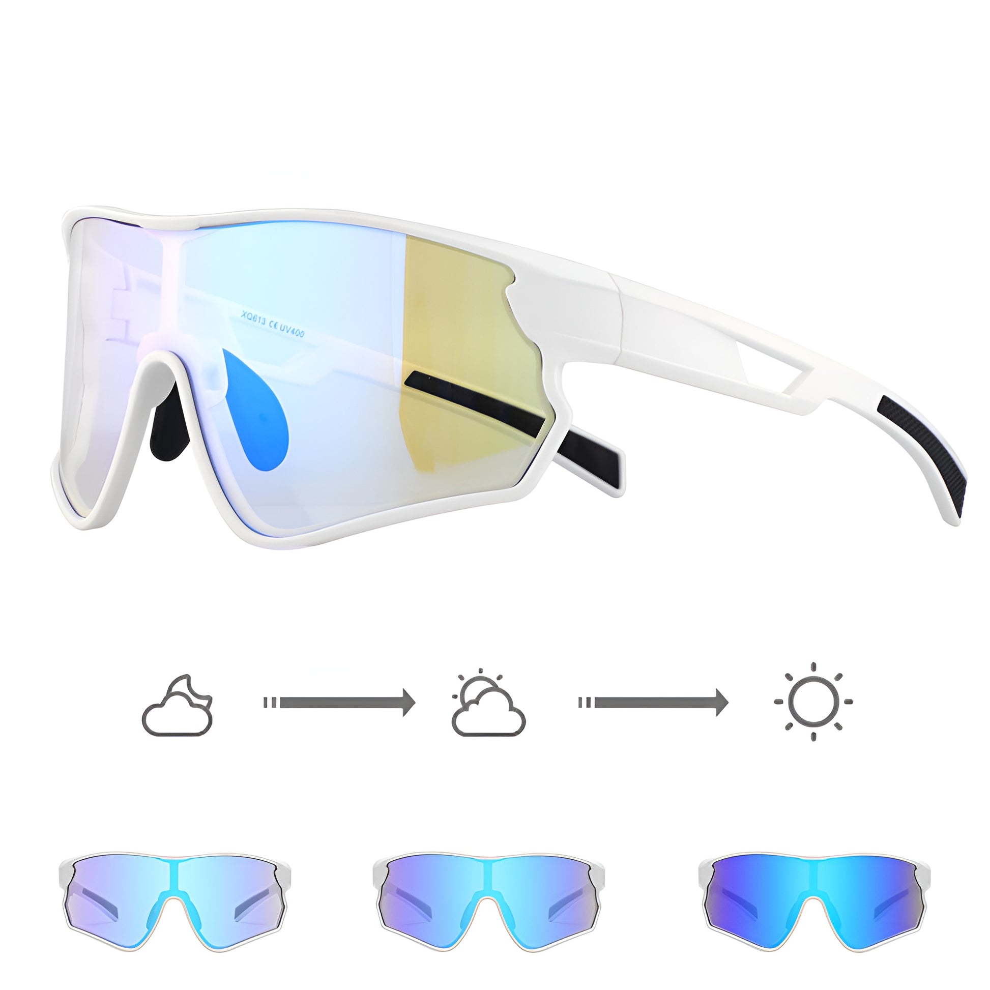 White frame cycling sunglasses with mirrored photochromic lenses, shown adapting to light.