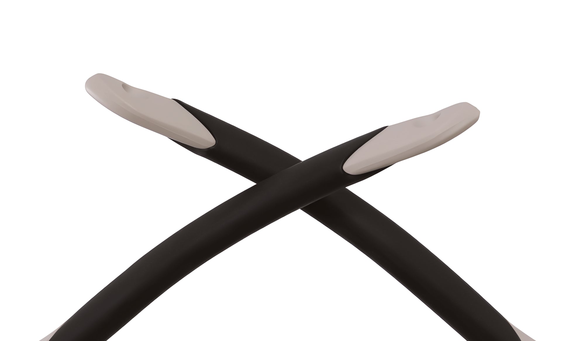 Close-up of cycling sunglasses arms with black frames and white rubberized tips