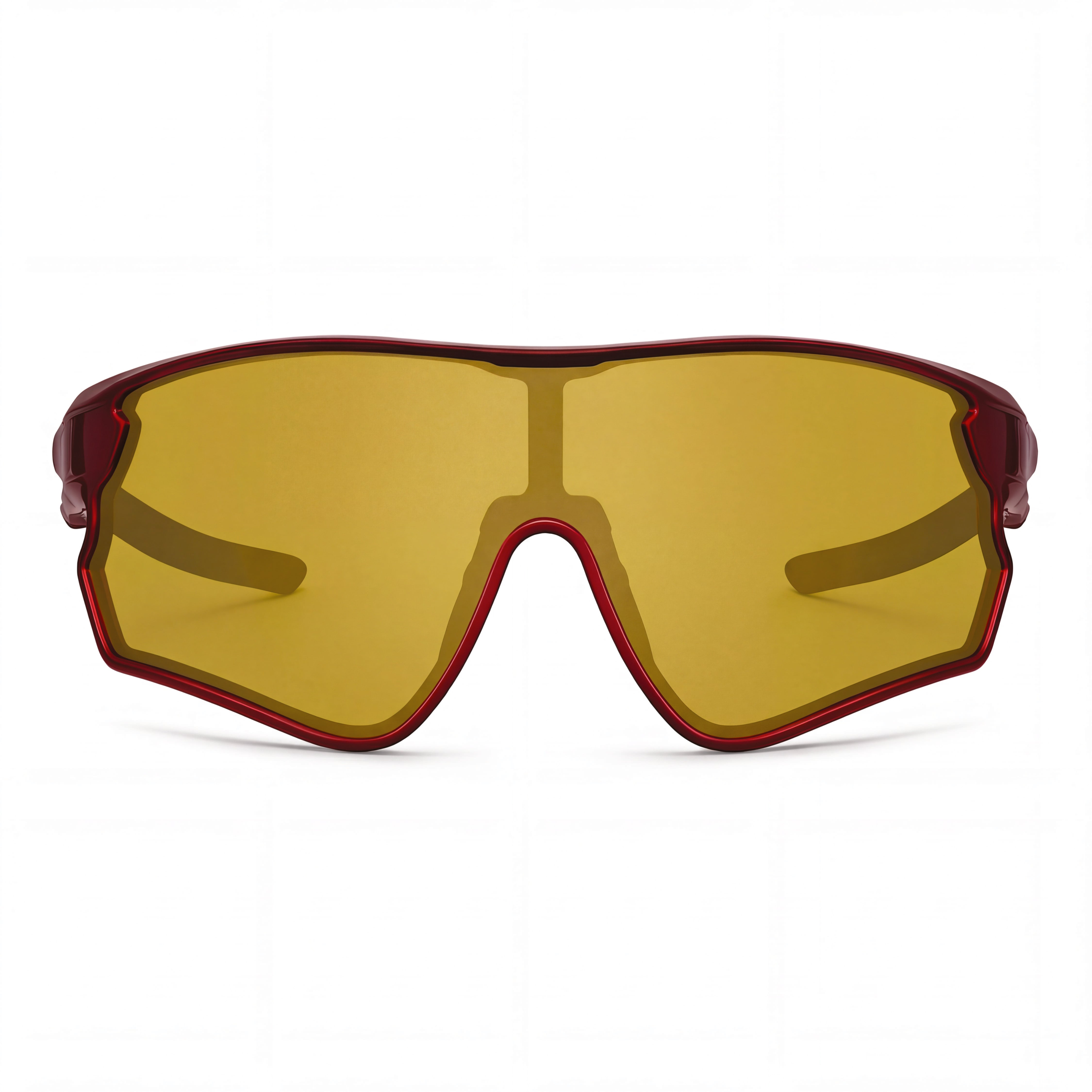 Red frame cycling sunglasses with large yellow prescription lenses, front view