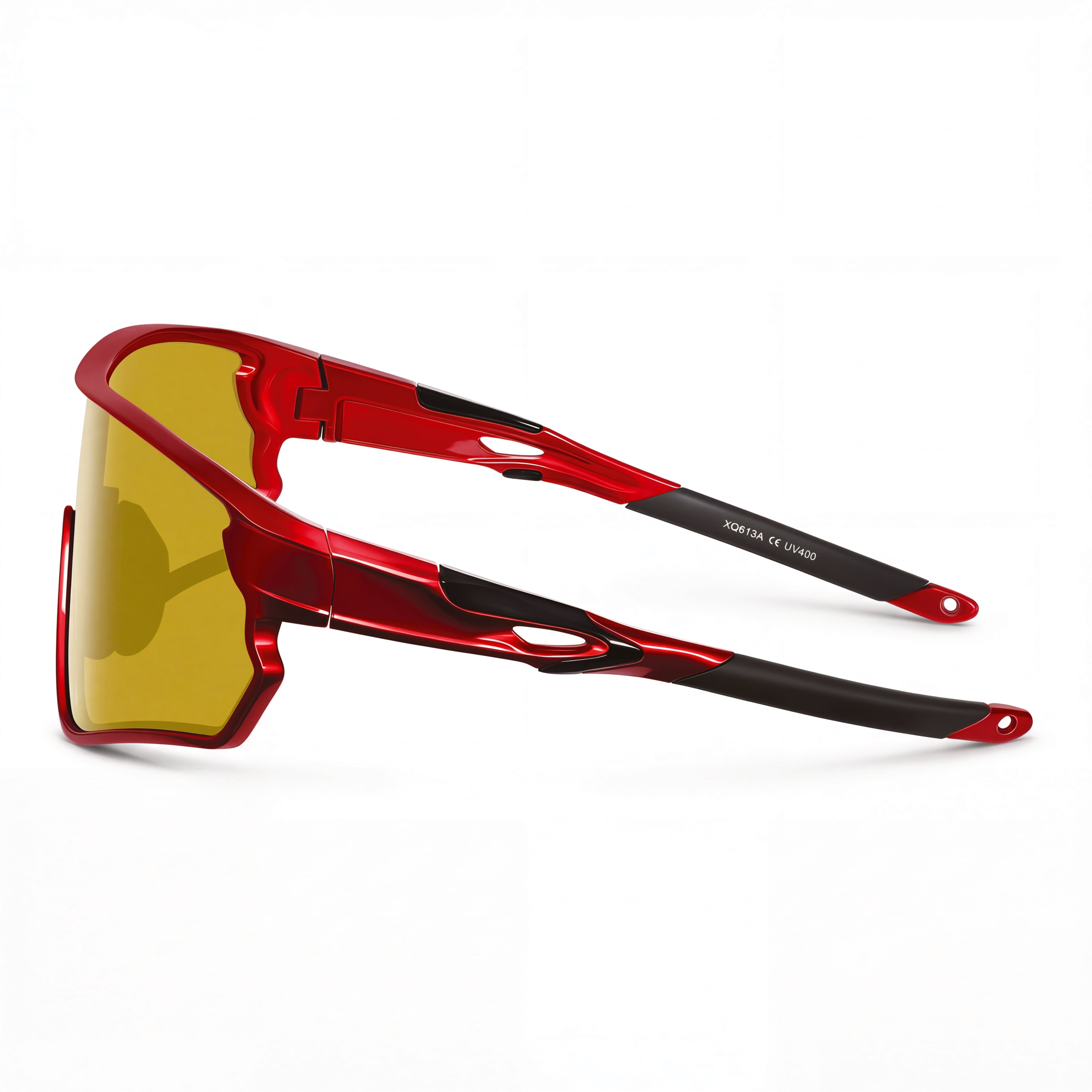 Red prescription cycling sunglasses with yellow lens and aerodynamic frame, side view