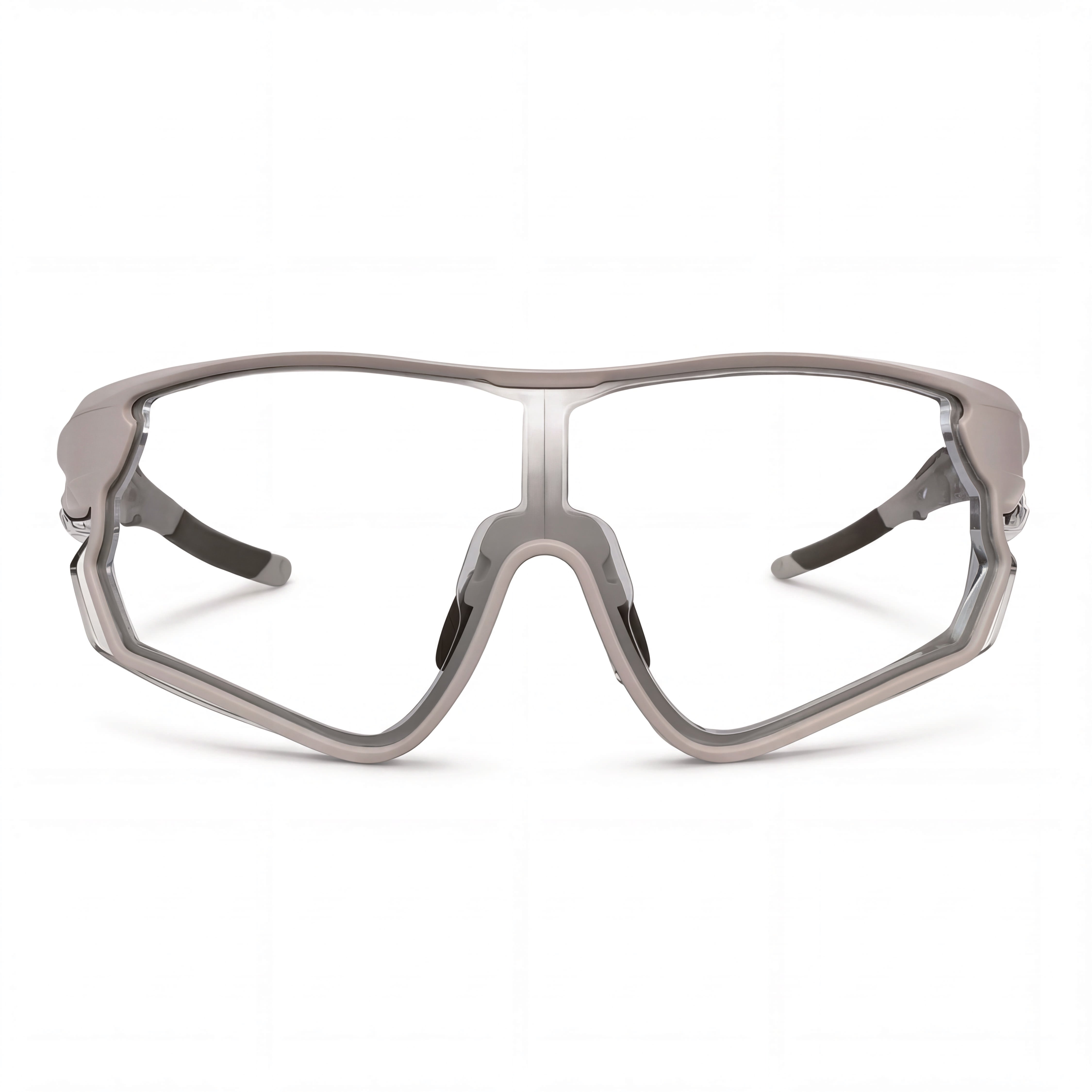 Clear lens cycling sunglasses with angular grey frame, front view on white background