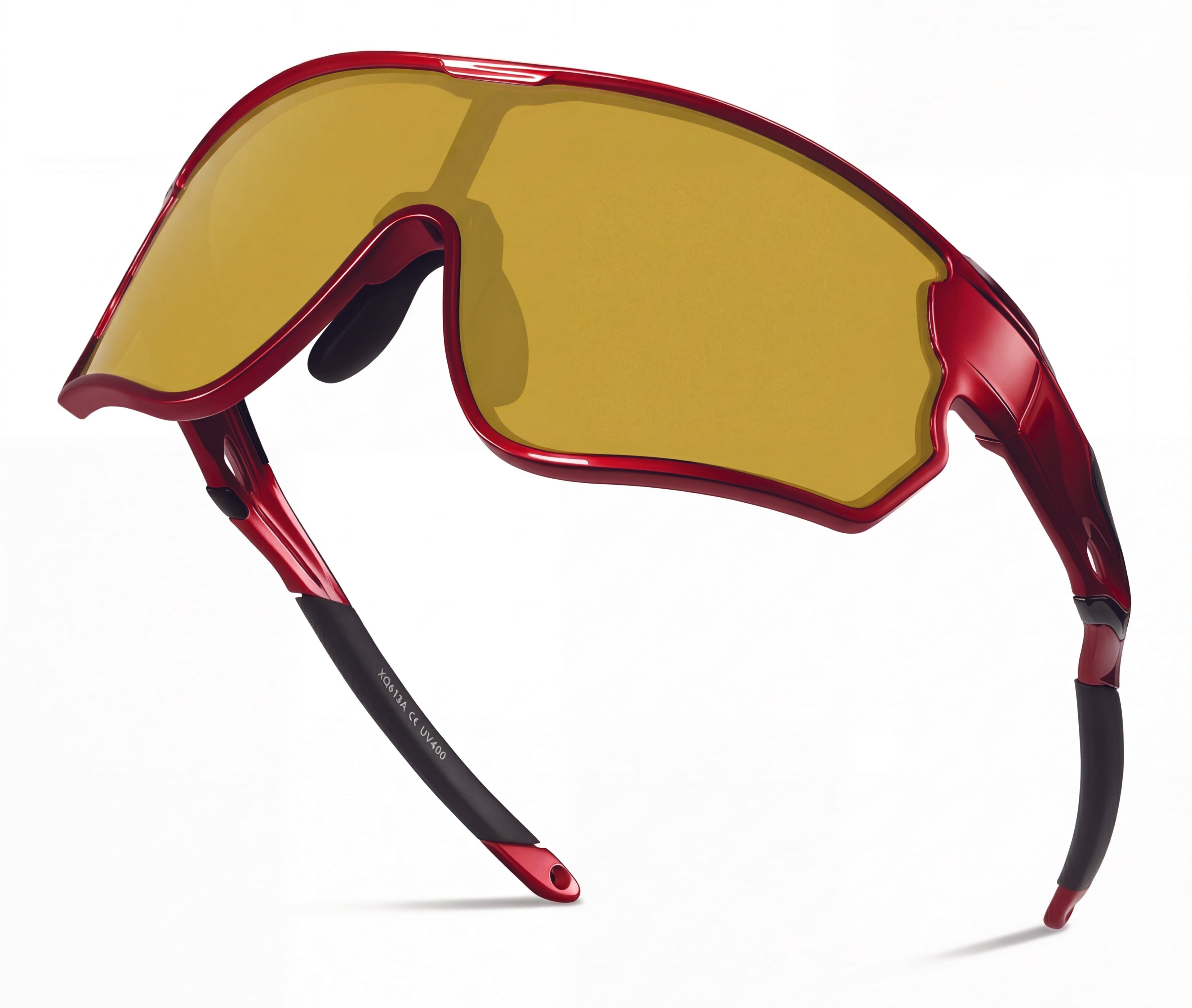 Red cycling sunglasses with wraparound yellow lens and black temples on white background