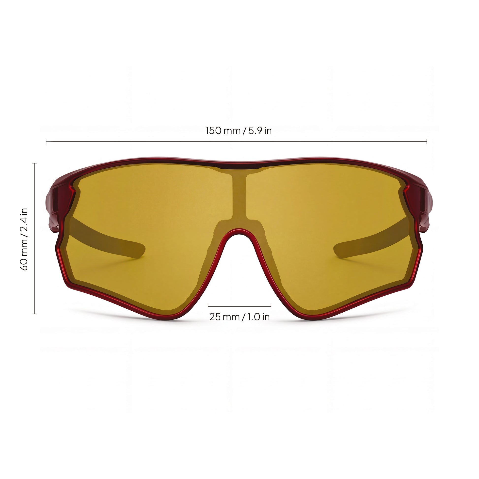 Yellow lens cycling sunglasses with red frame, showing detailed size measurements.