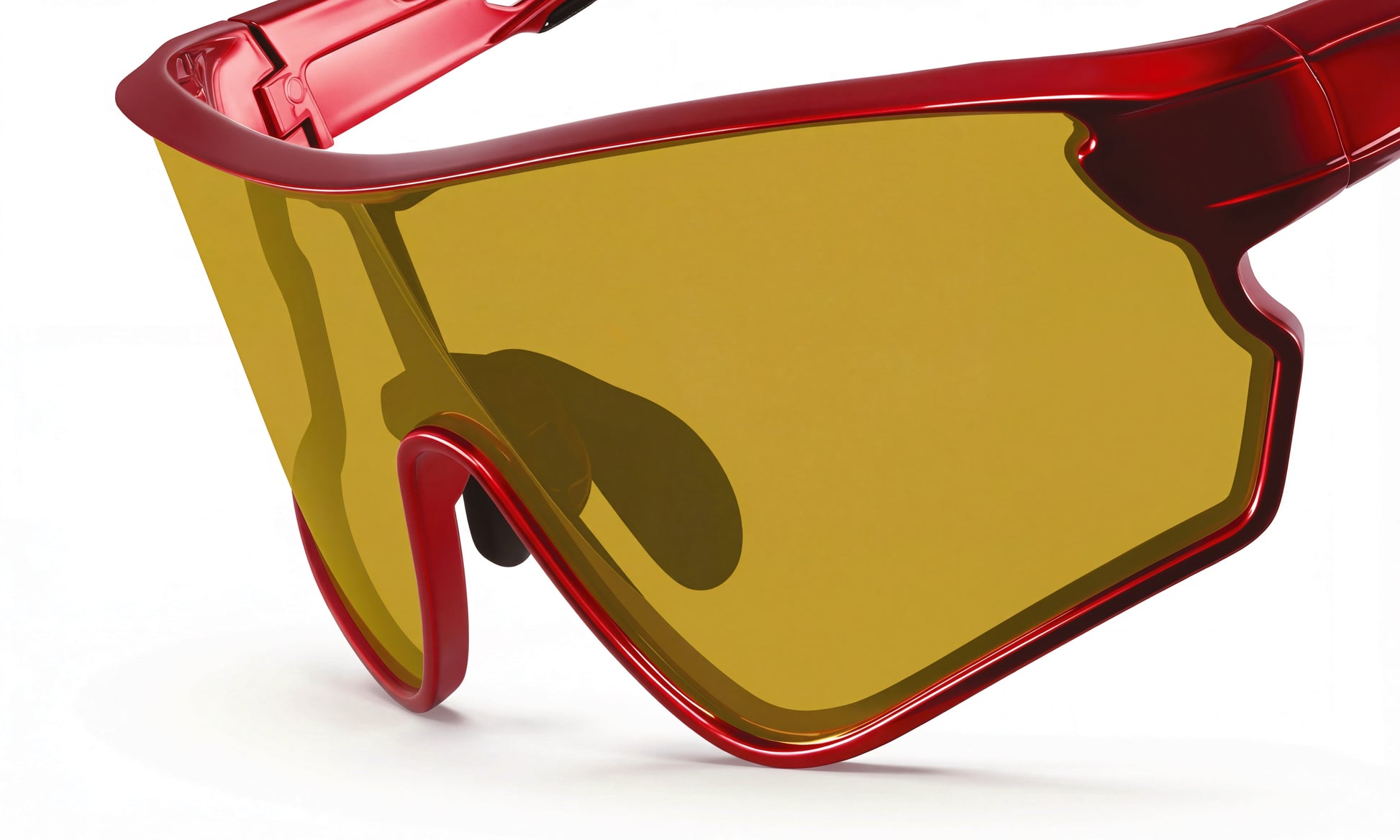 Red frame cycling sunglasses with large yellow lens for sports performance