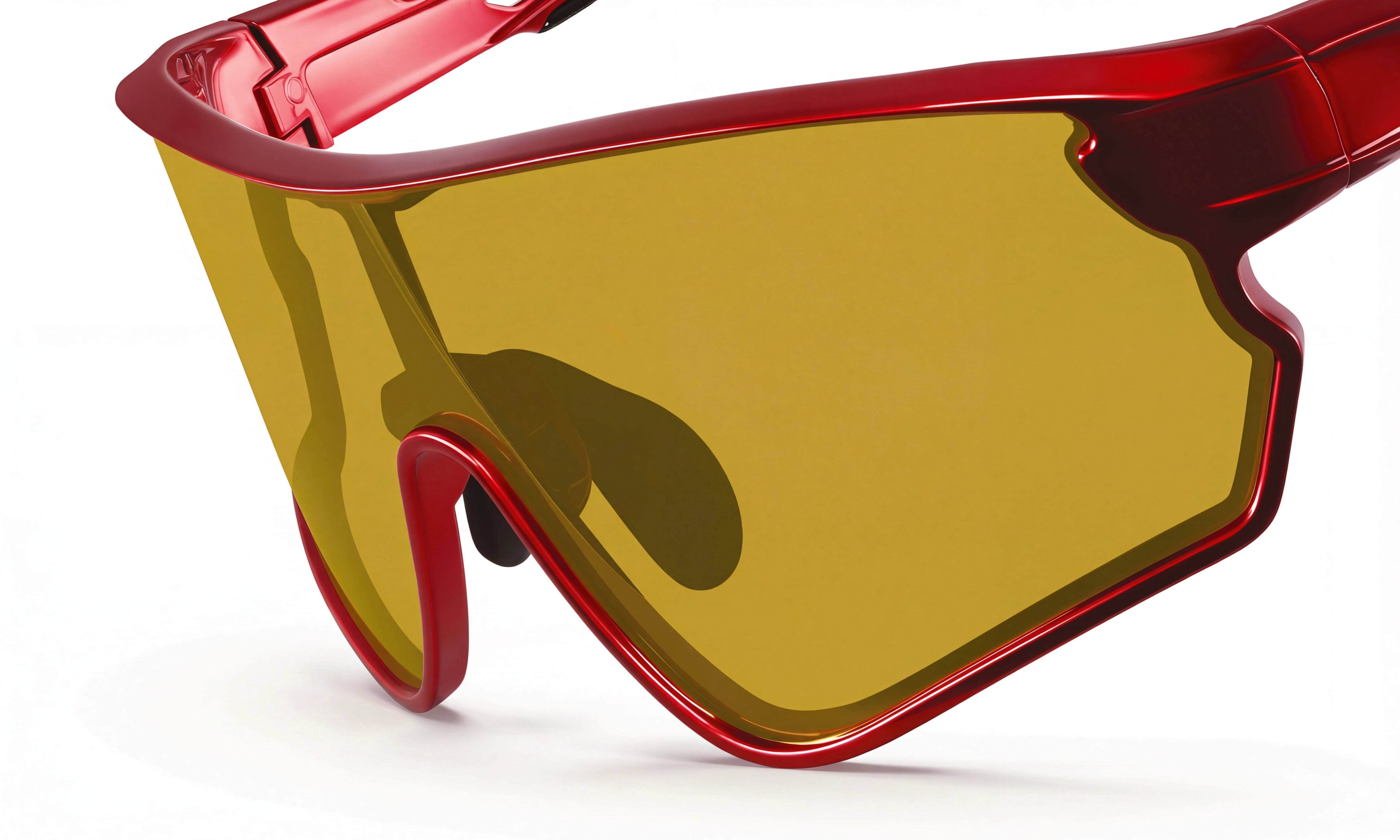 Red frame cycling sunglasses with large yellow lens for sports performance
