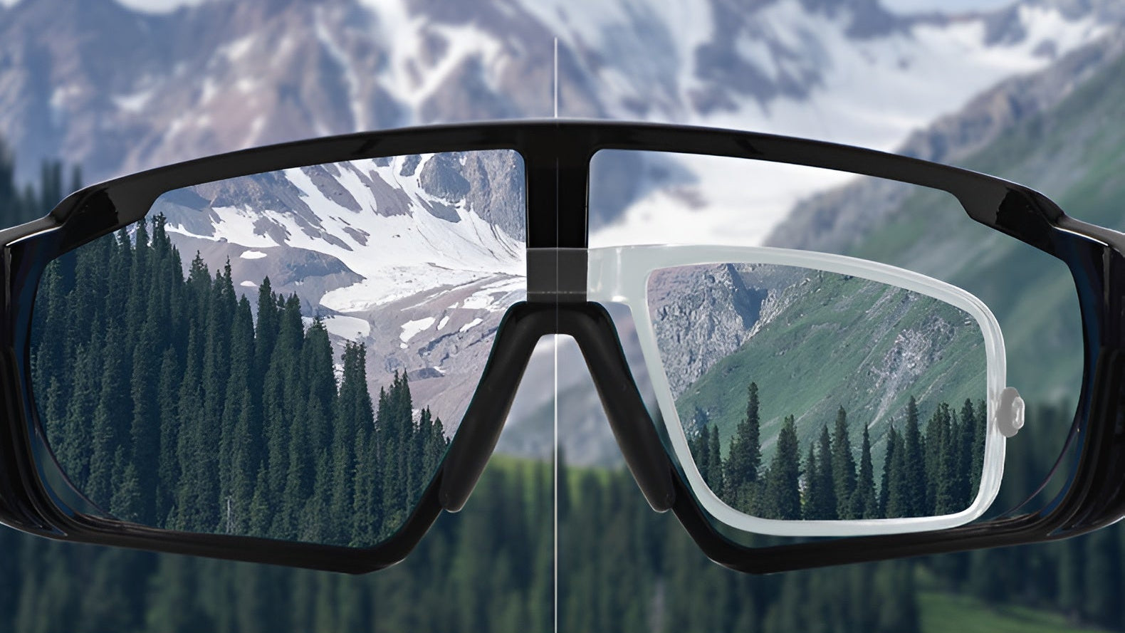 Eyeglasses with a mountainous landscape background and promotional text in Chinese.