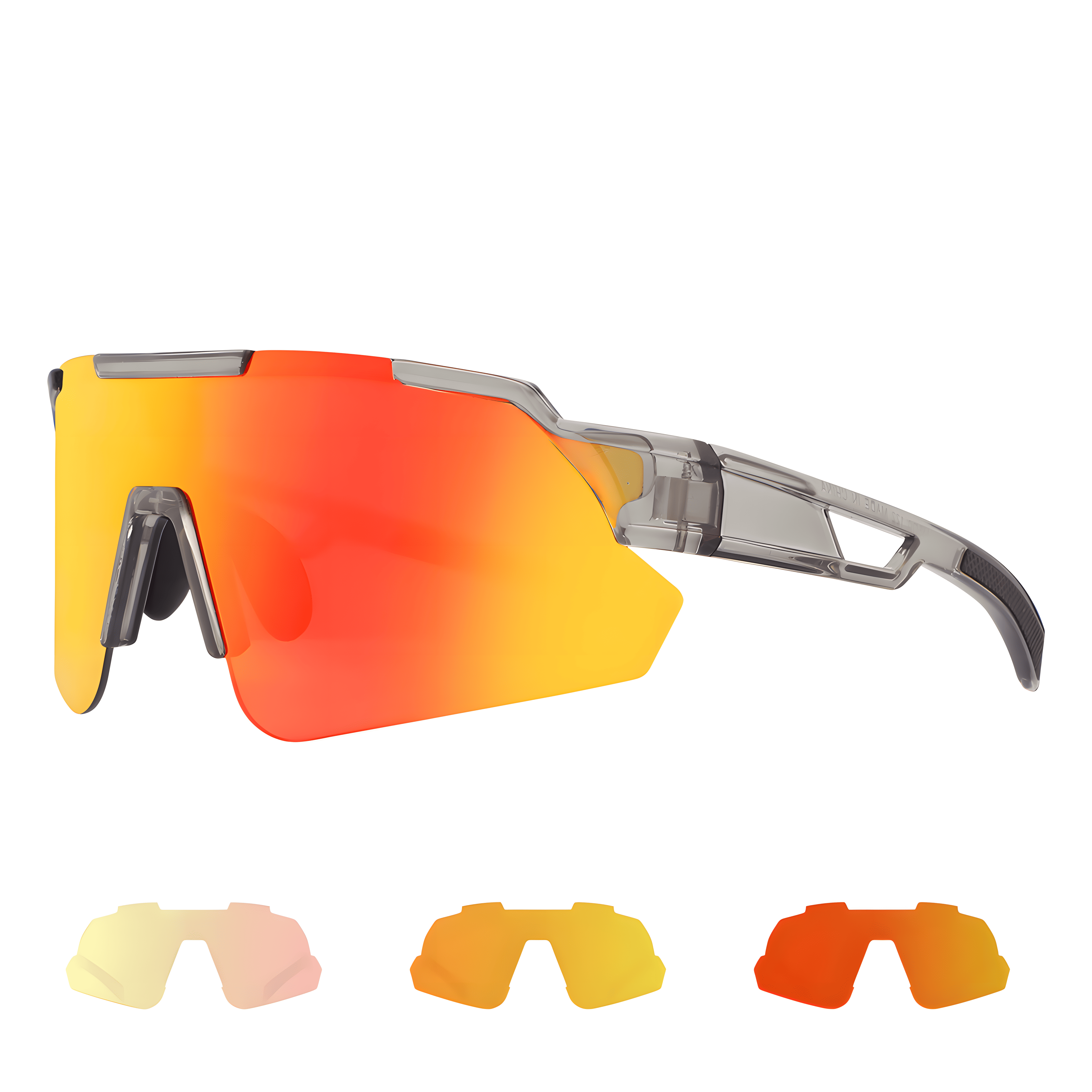 Performance cycling sunglasses with red-yellow mirrored lens, gray frame, and interchangeable lenses.