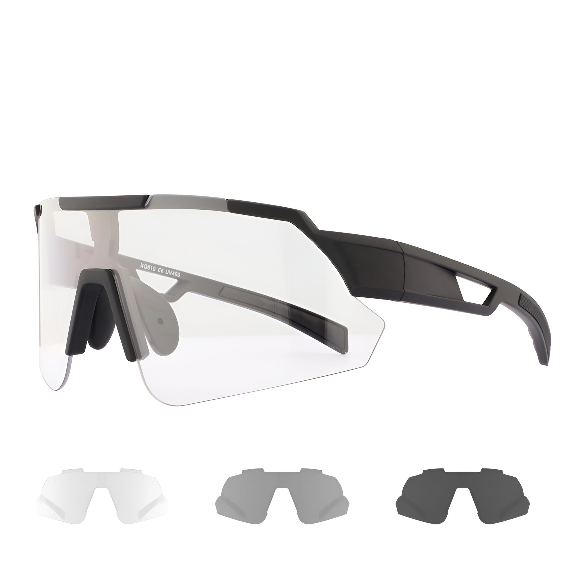 Performance cycling sunglasses with black frame, clear shield lens, and three interchangeable lenses