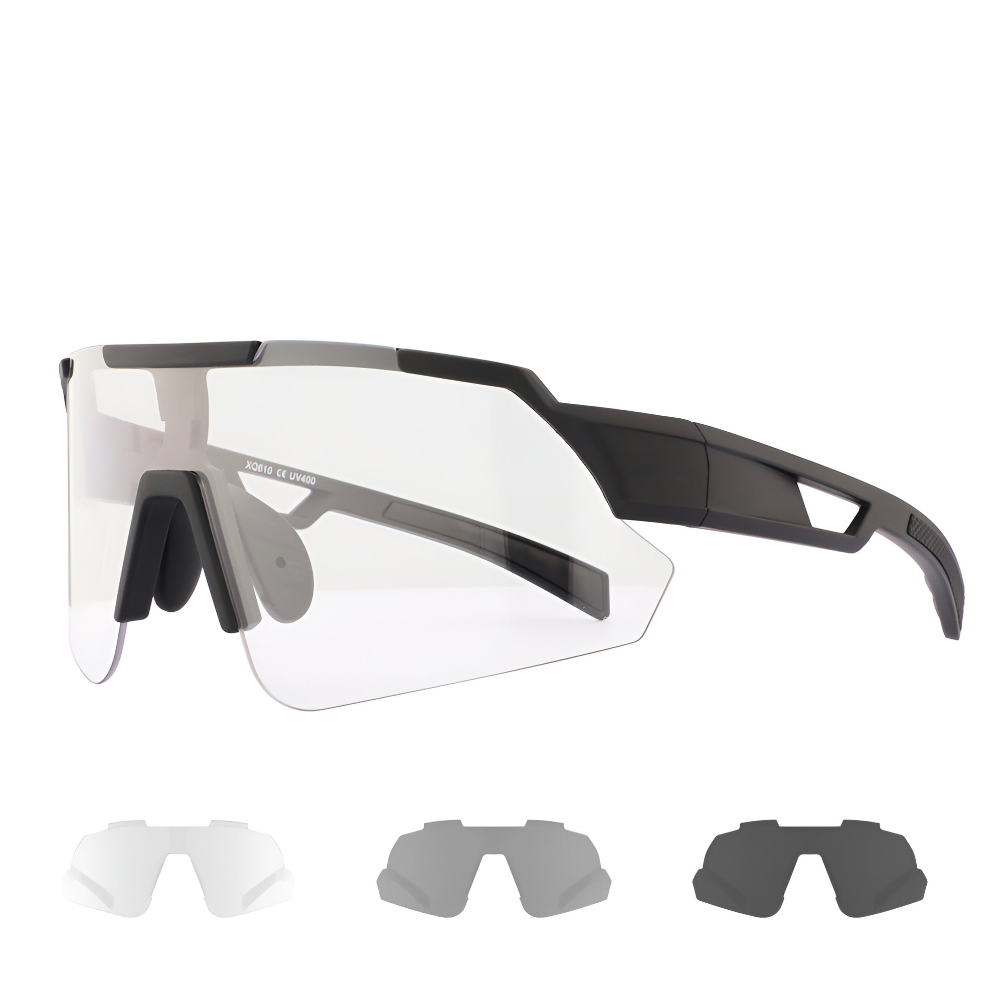 Performance cycling sunglasses with black frame, clear shield lens, and three interchangeable lenses
