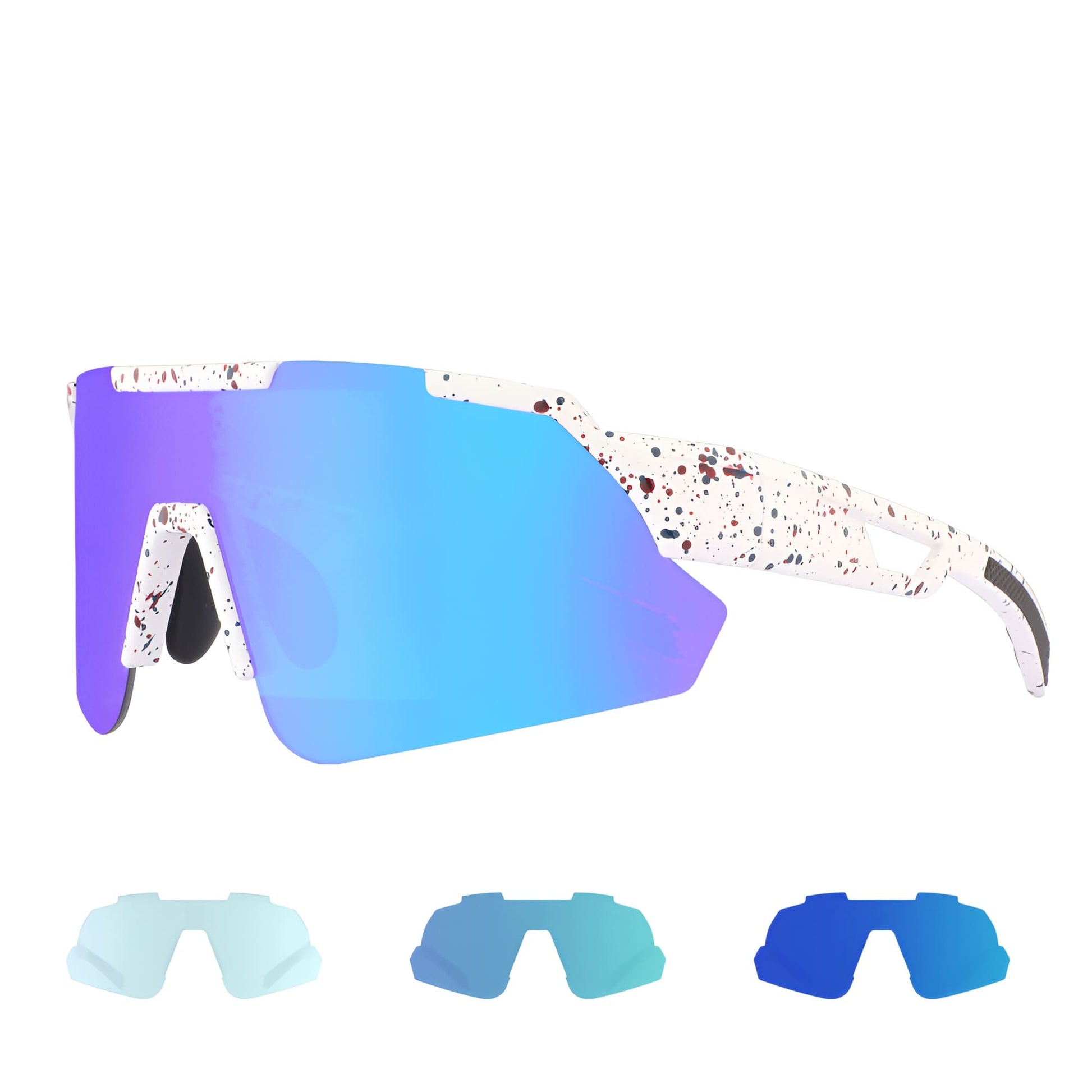 Sunglasses with a gradient purple to blue lens and floral-patterned frame, accompanied by three replacement lenses.