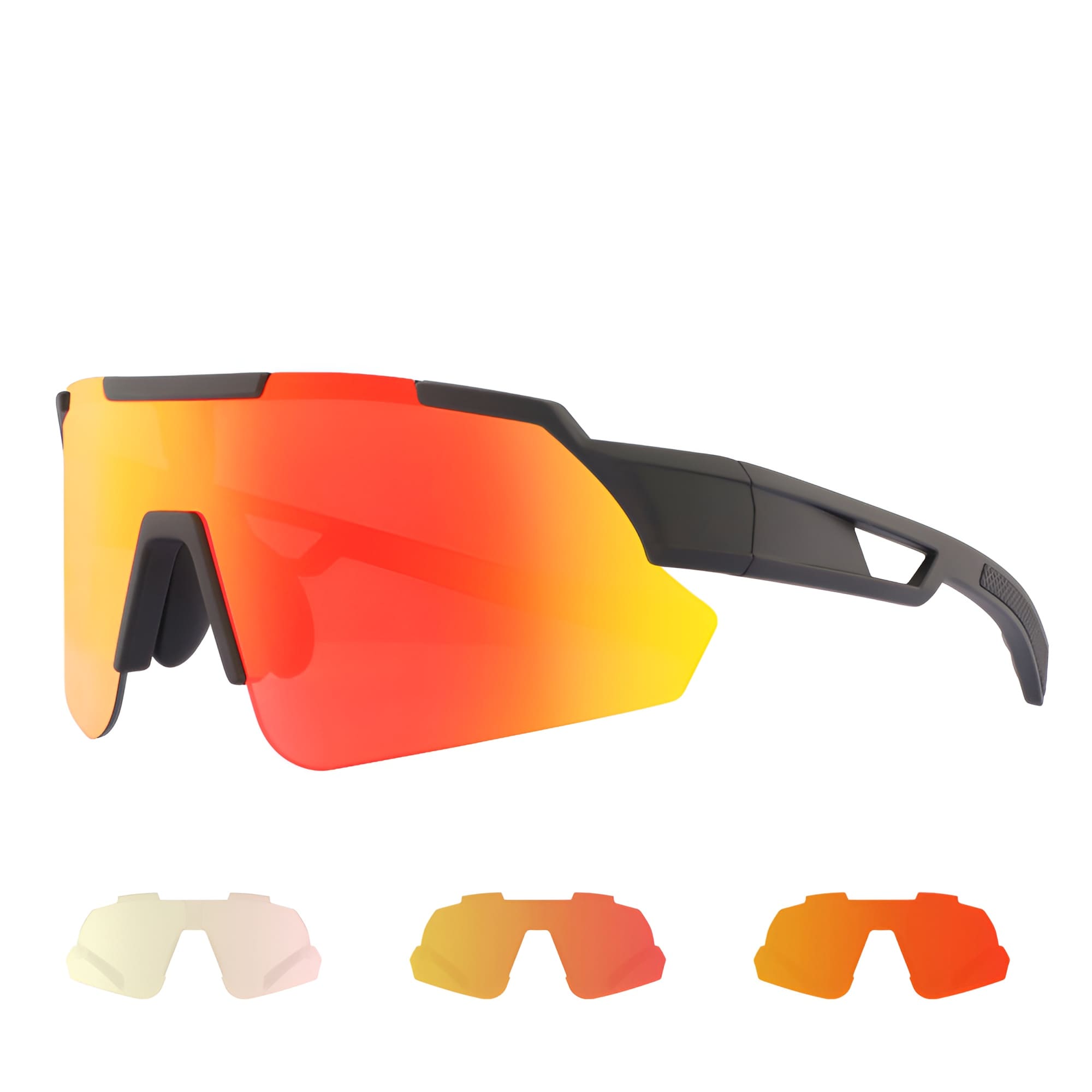 Performance cycling sunglasses with black frame and interchangeable red-orange lenses