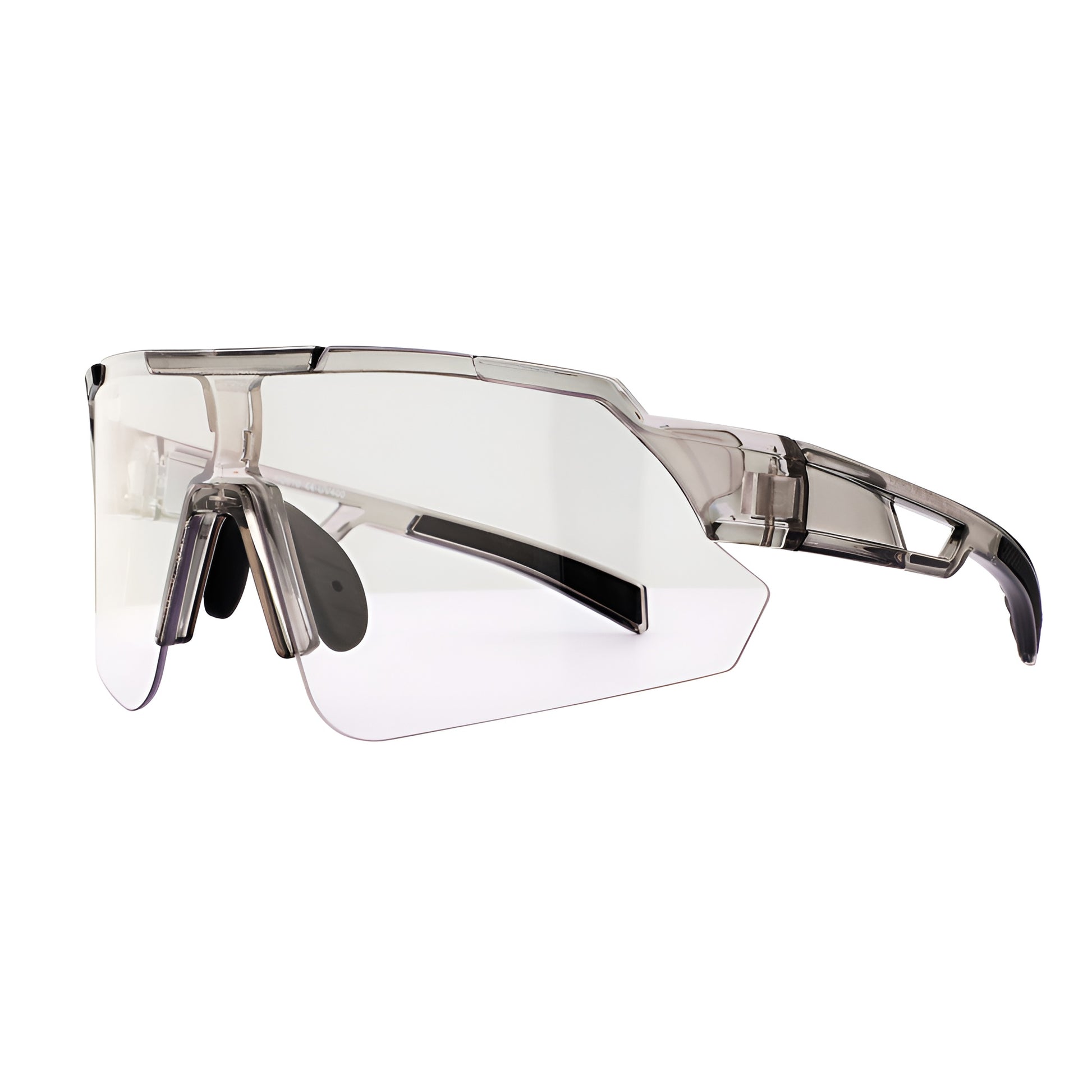 Clear lens cycling sunglasses with angular design and black nose pads, isolated on white