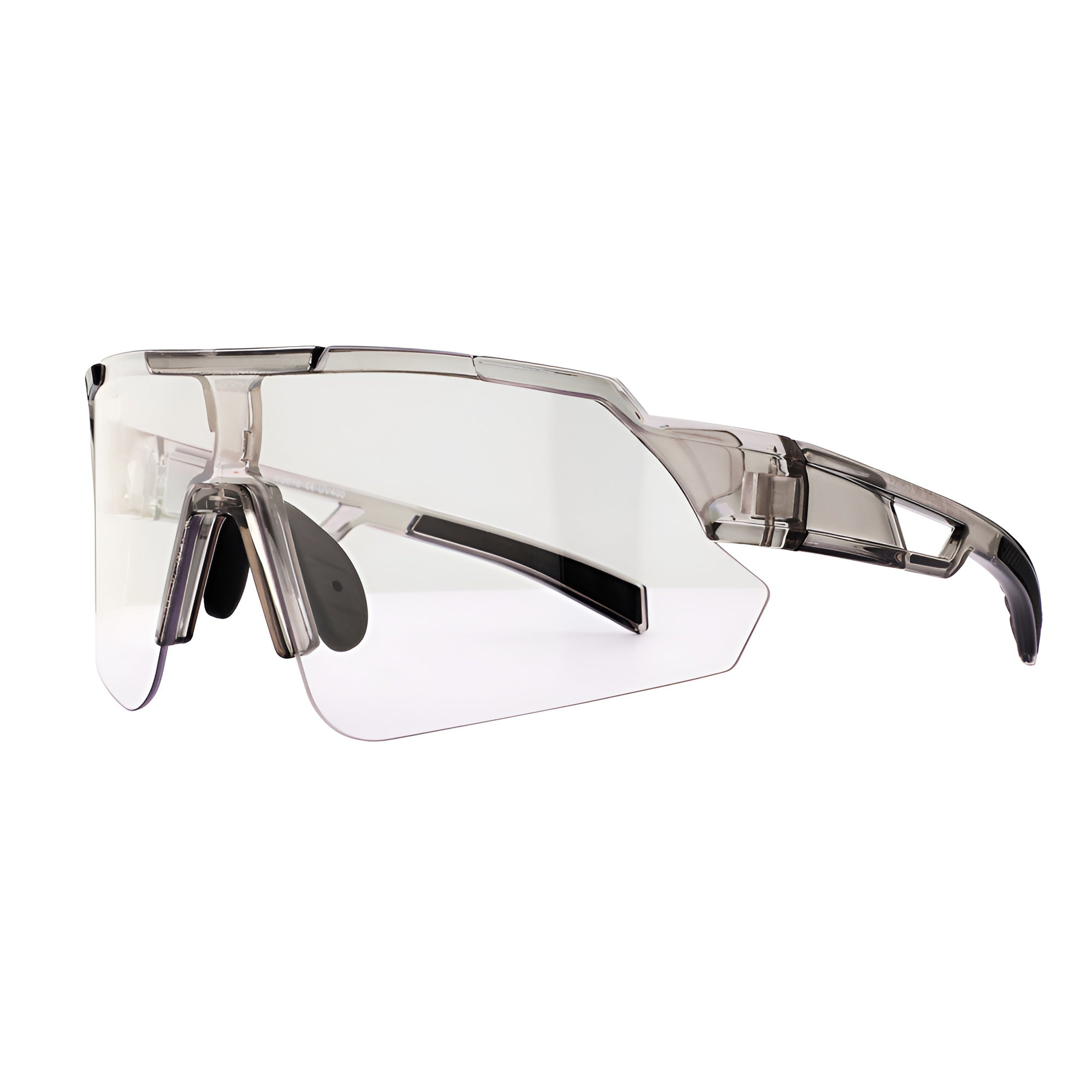 Clear lens cycling sunglasses with angular design and black nose pads, isolated on white