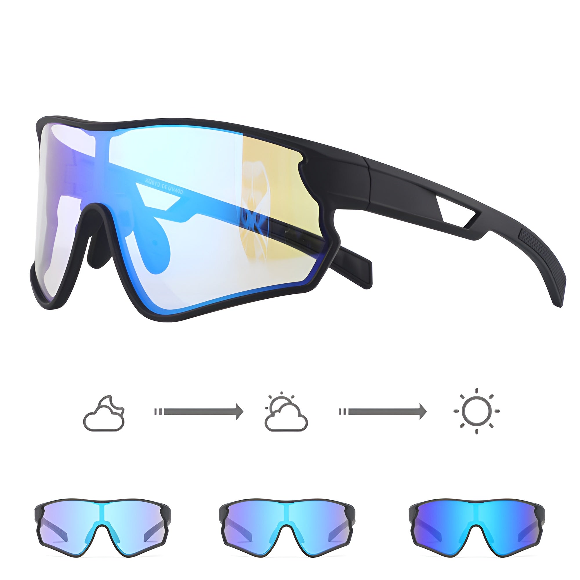 Photochromic cycling sunglasses with blue mirrored lenses and matte black frame, adaptive to light.