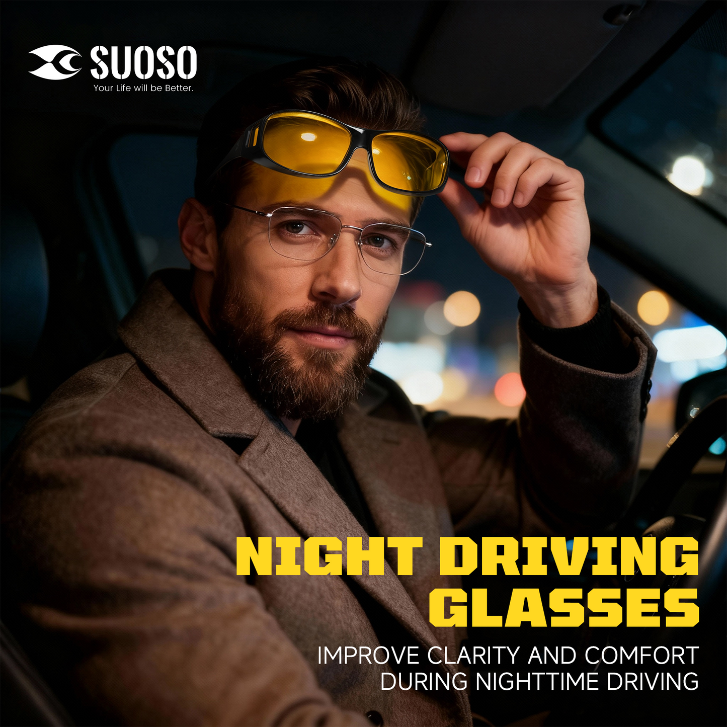 suoso Night Driving Glasses Fit Over Eyeglasses for Men Women, Polarized Anti Glare Night Vision Glasses HD Yellow Lens