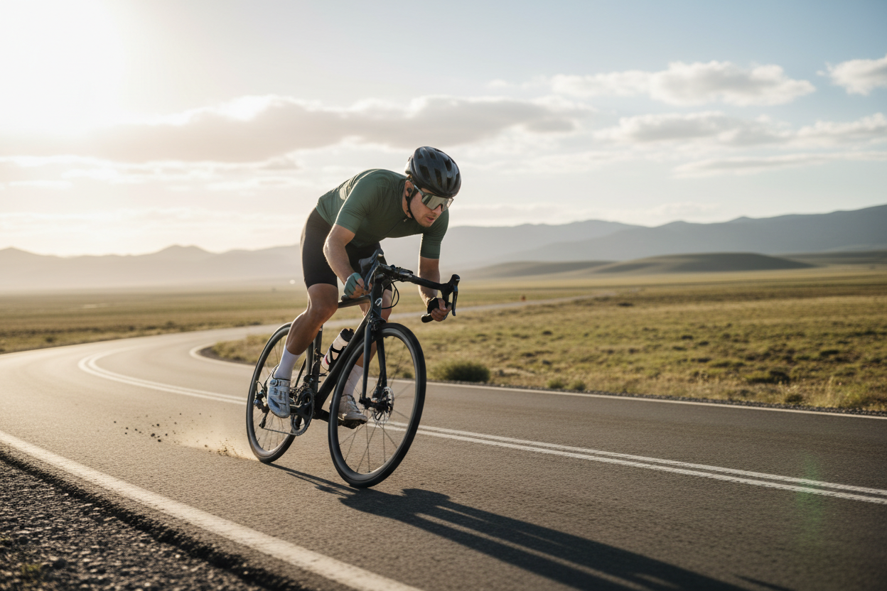 Cyclist wearing performance sunglasses and helmet rides road bike on open winding highway at sunset.