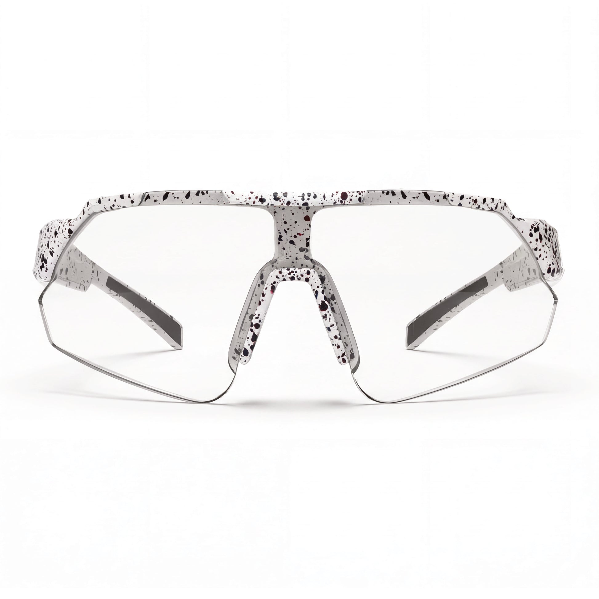 Sunglasses with a speckled pattern on a white background