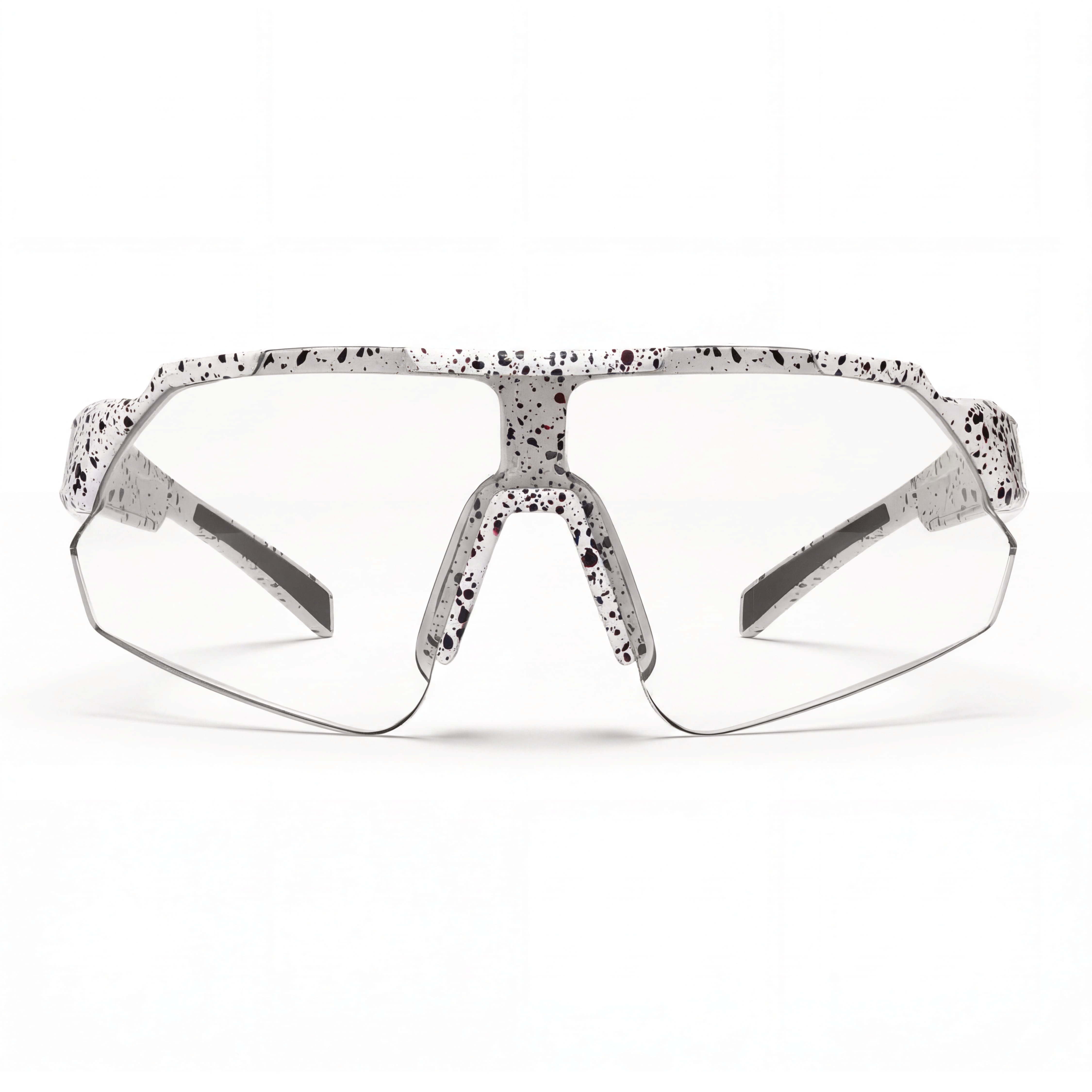 Sunglasses with a speckled pattern on a white background