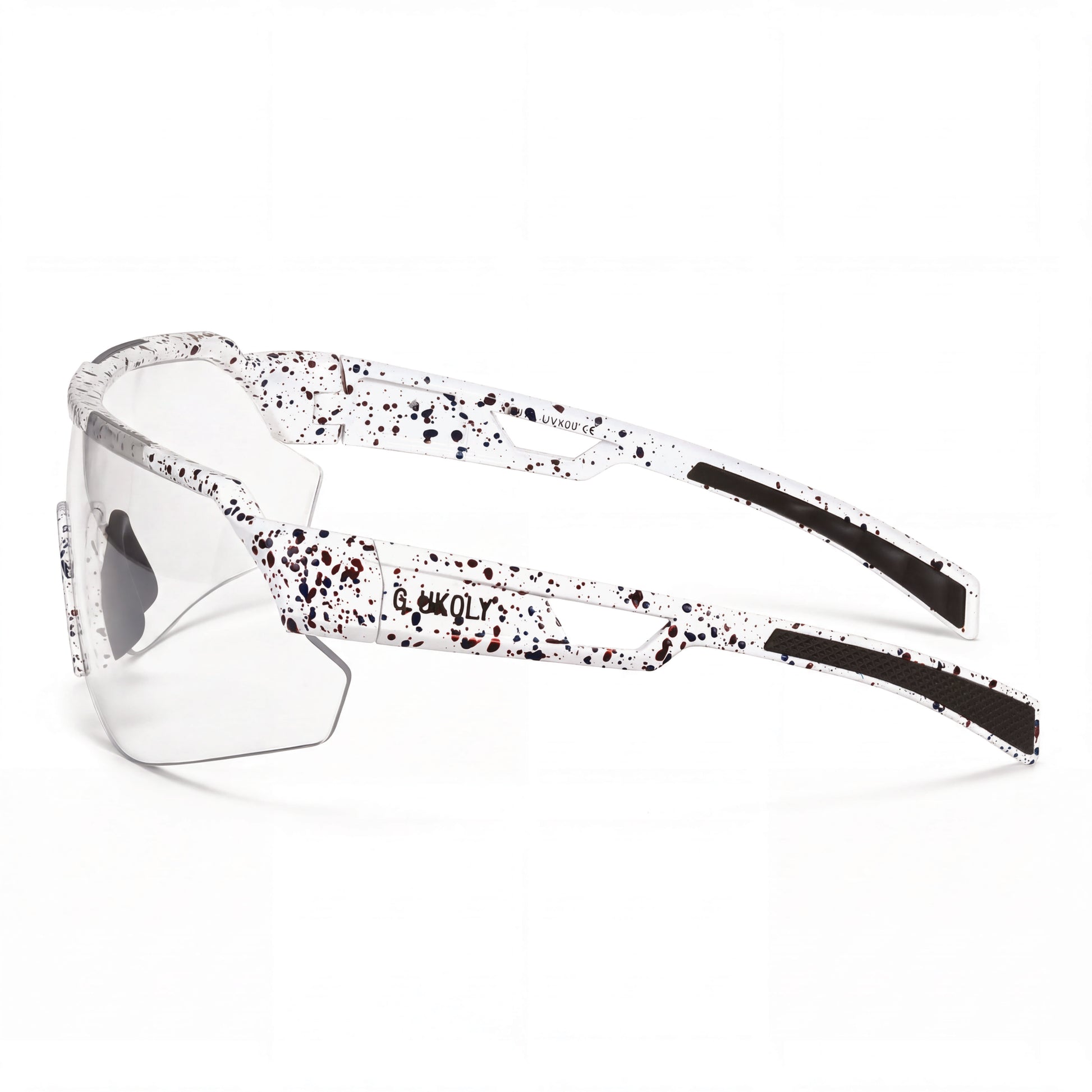 Splatter-pattern prescription cycling sunglasses with clear shield lens and sporty frame