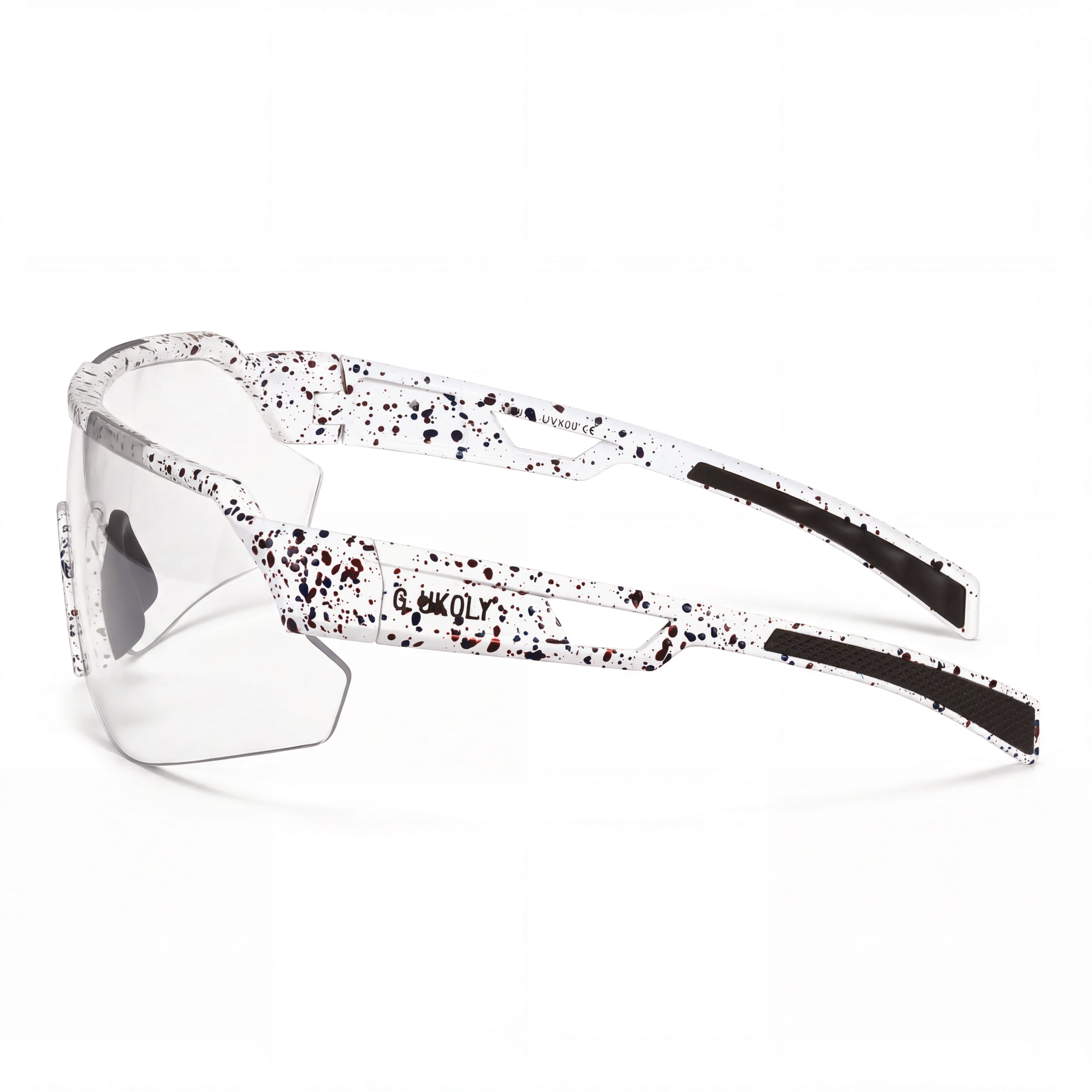 Splatter-pattern prescription cycling sunglasses with clear shield lens and sporty frame