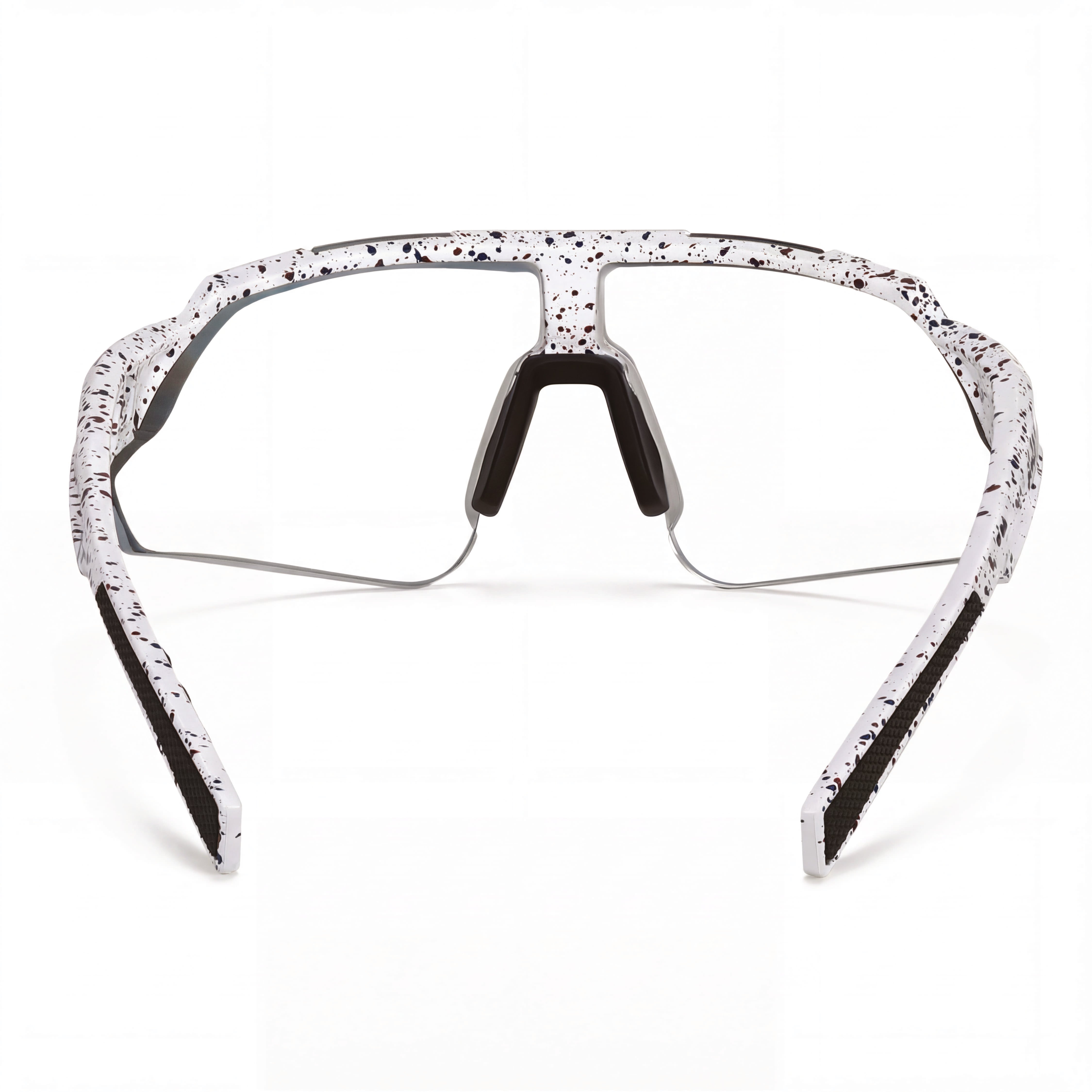 Speckled white performance cycling sunglasses with clear lenses and wide nose bridge
