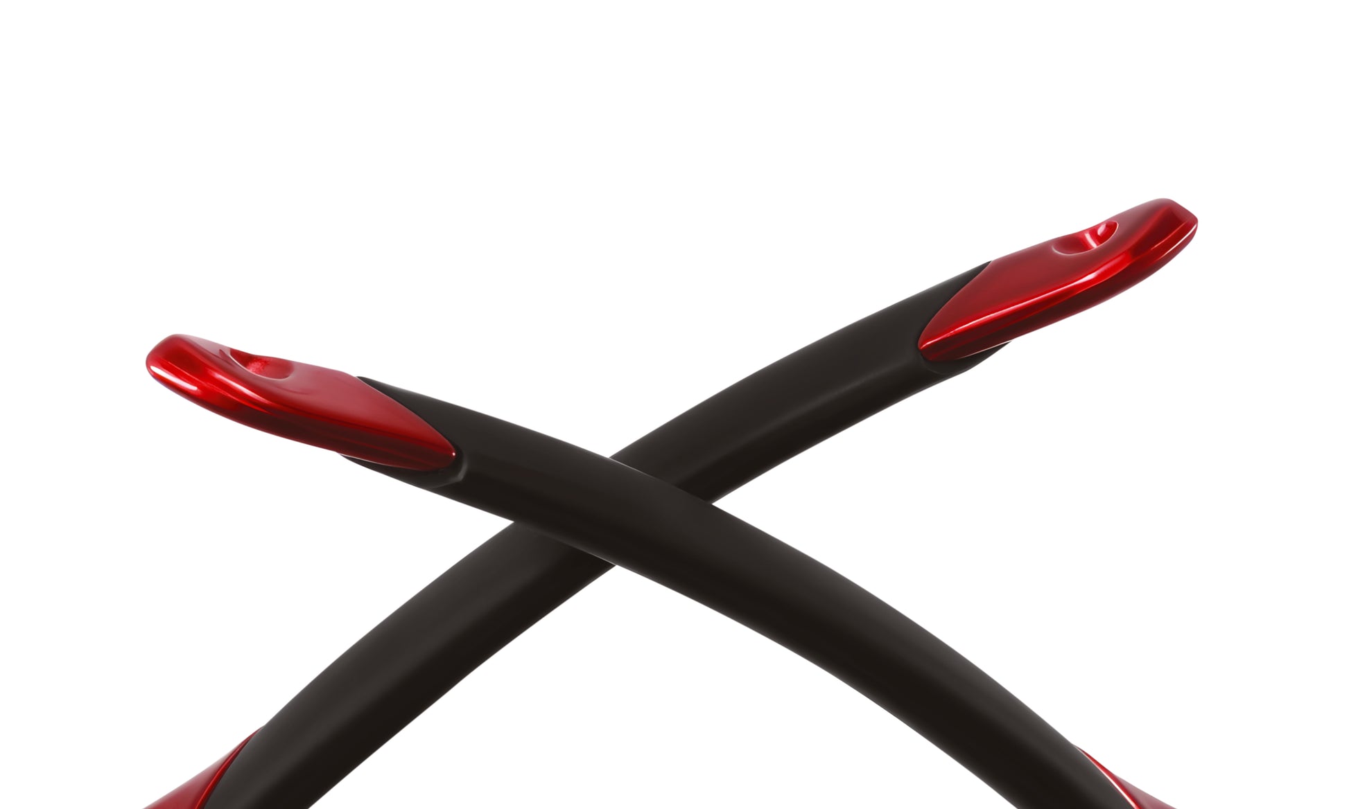 Close-up of black and red cycling sunglasses arms crossed on white background