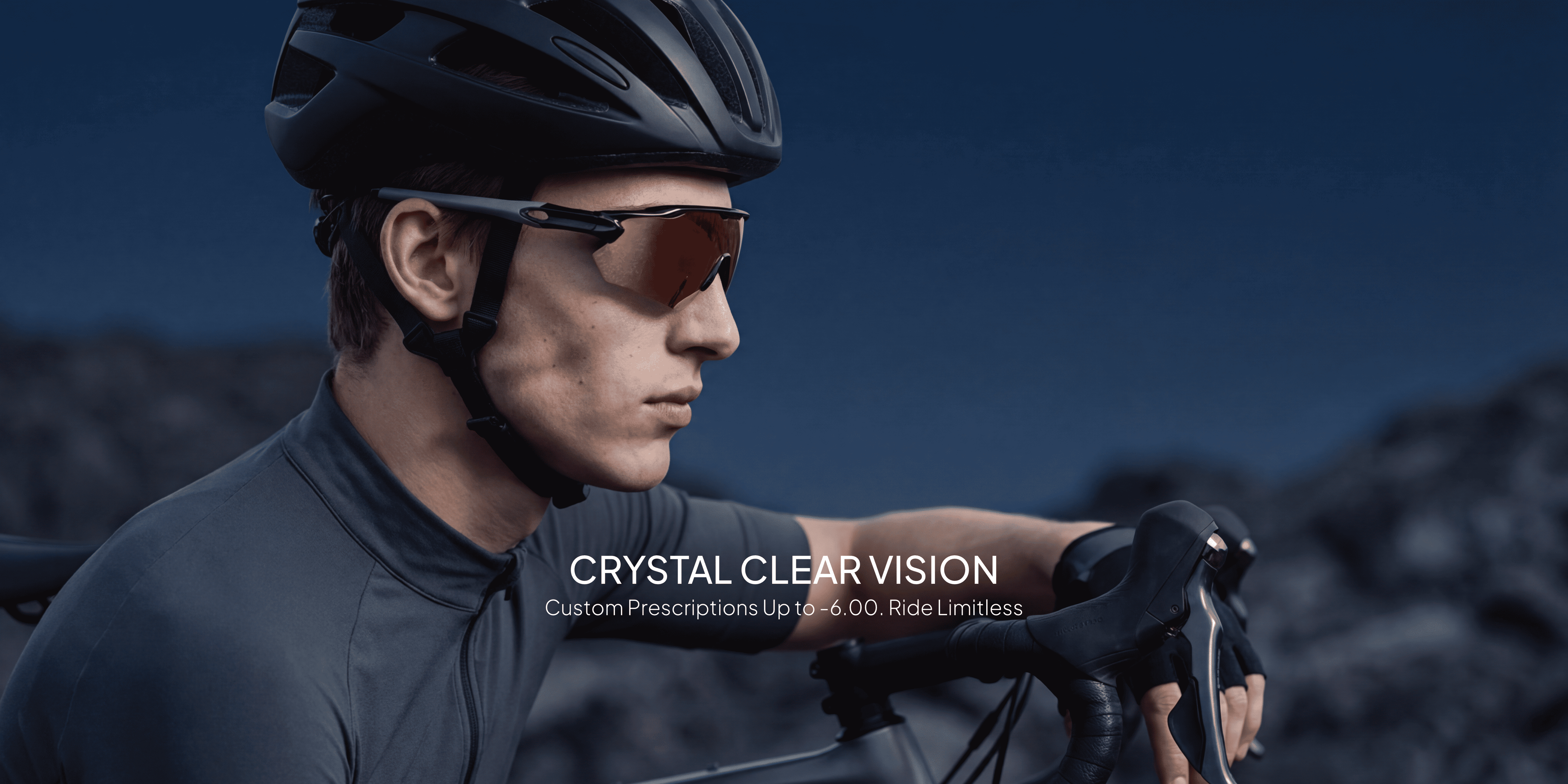 Person wearing a helmet and sunglasses with 'Crystal Clear Vision' text on a dark background