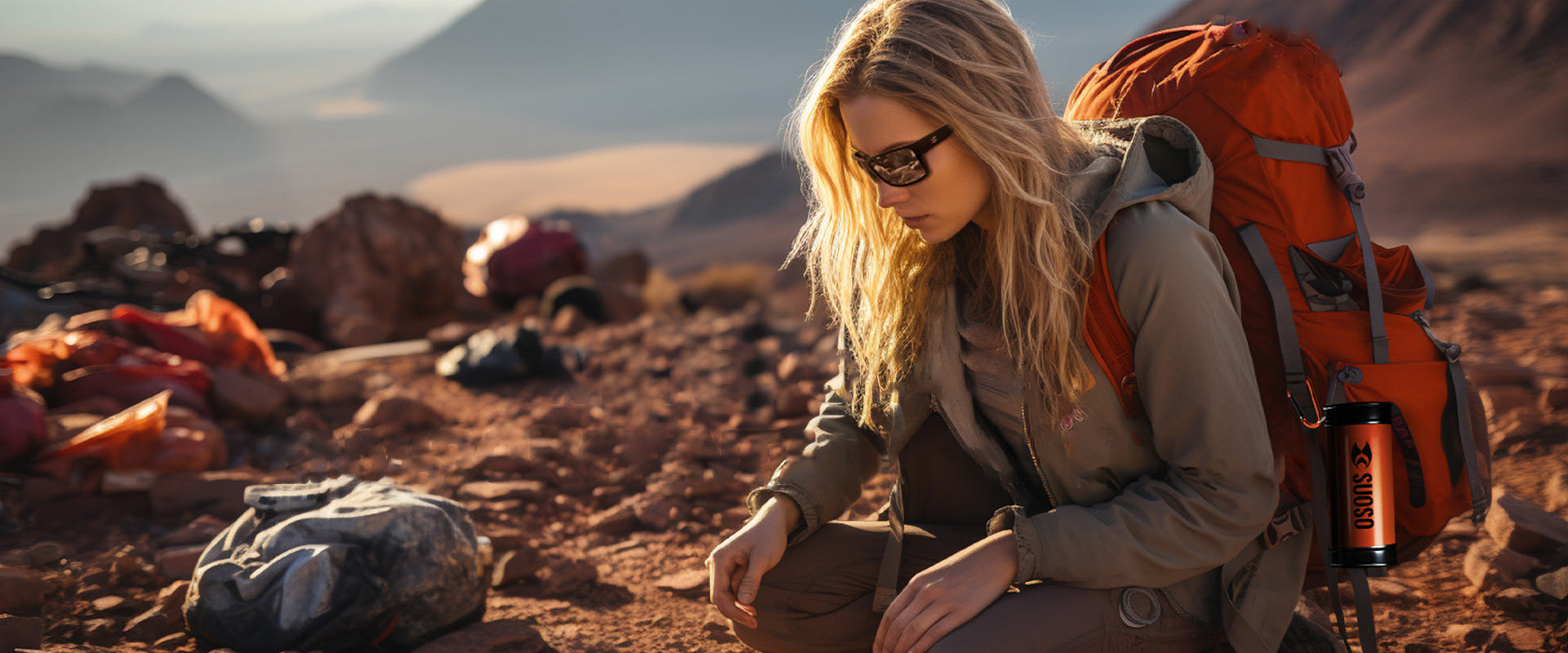 Woman wearing sports sunglasses with large orange backpack on a rocky outdoor trail