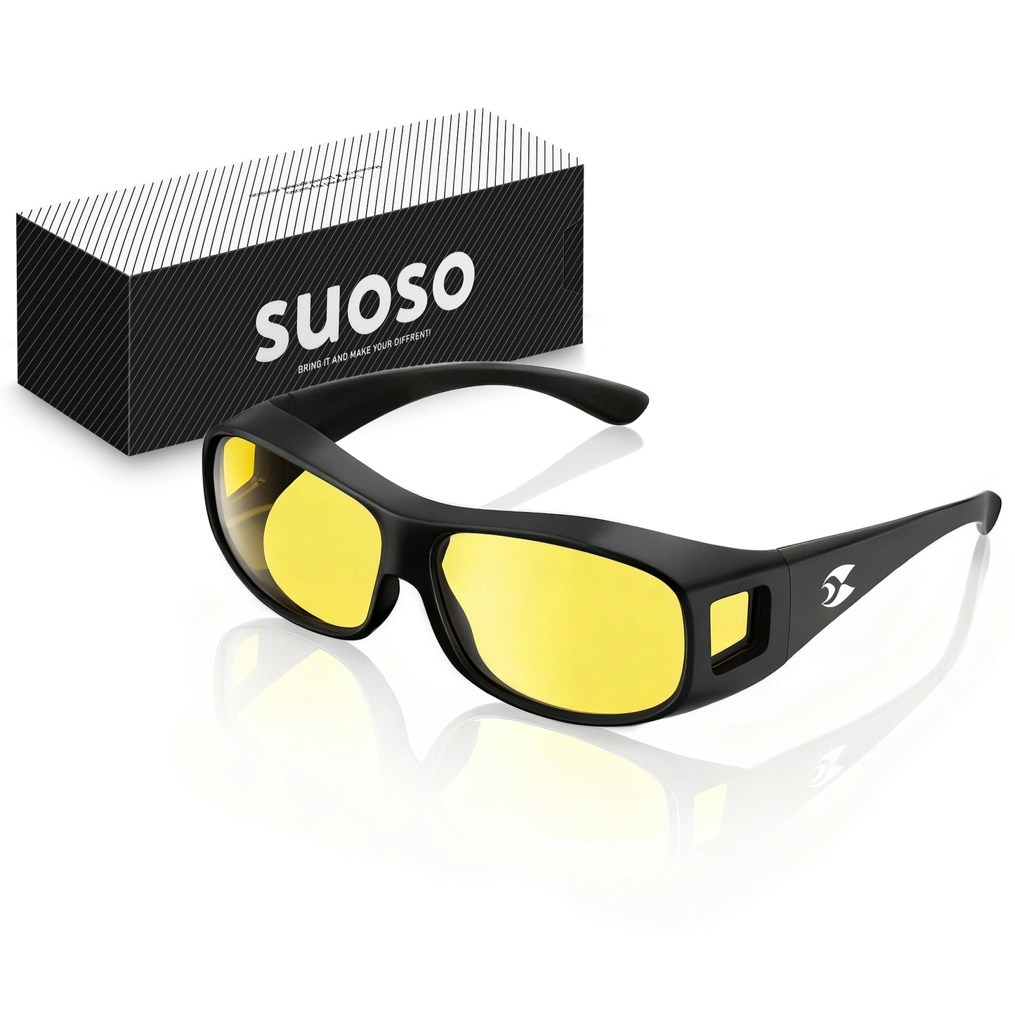 suoso Night Driving Glasses Fit Over Eyeglasses for Men Women, Polarized Anti Glare Night Vision Glasses HD Yellow Lens