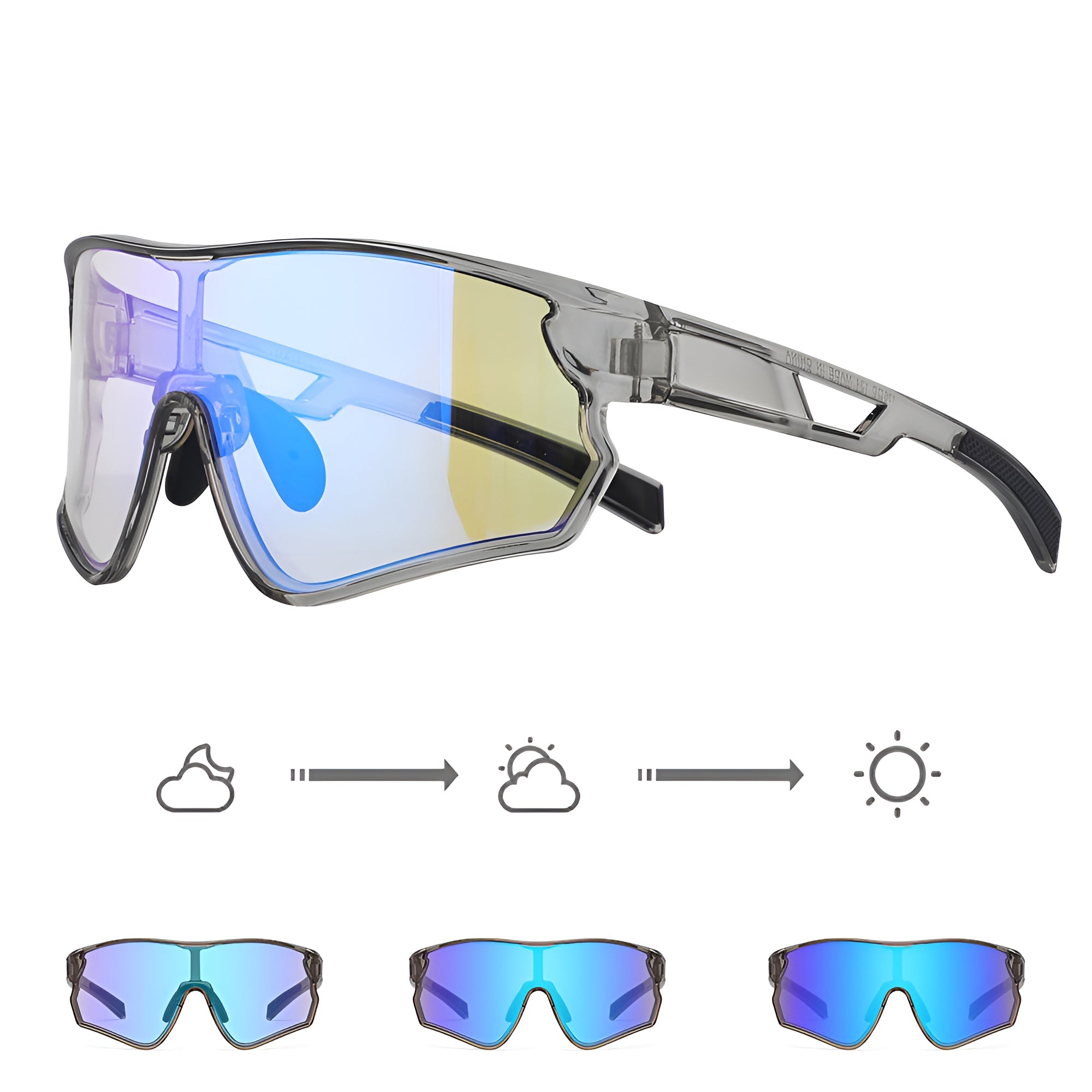 Photochromic cycling sunglasses with clear to blue lenses, UV protection icons below.