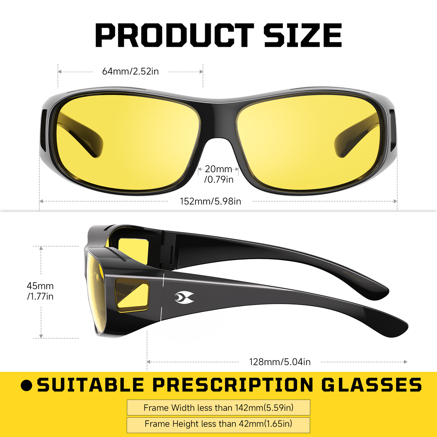 suoso Night Driving Glasses Fit Over Eyeglasses for Men Women, Polarized Anti Glare Night Vision Glasses HD Yellow Lens