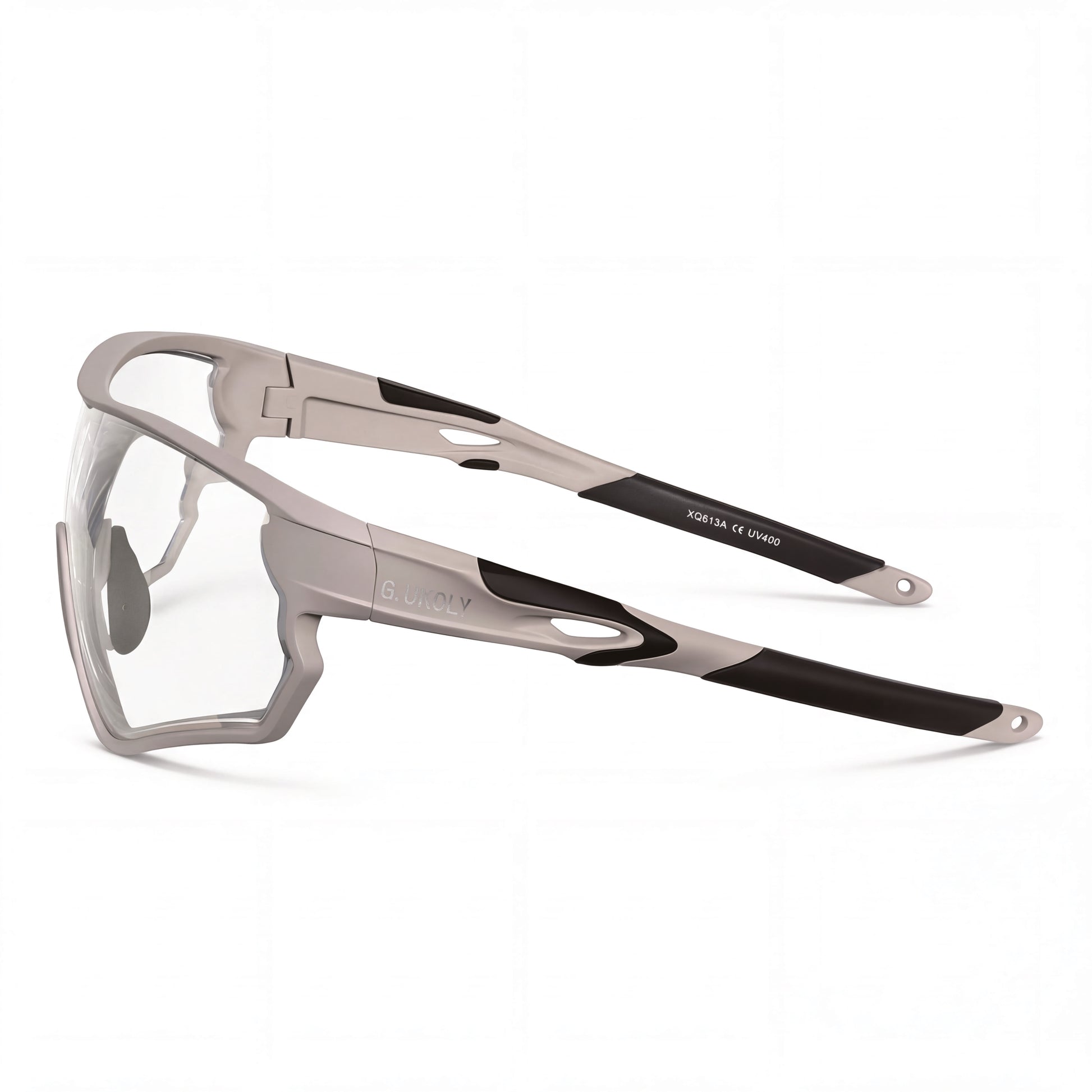 Side view of performance cycling sunglasses with clear prescription lenses and matte black-grey frame