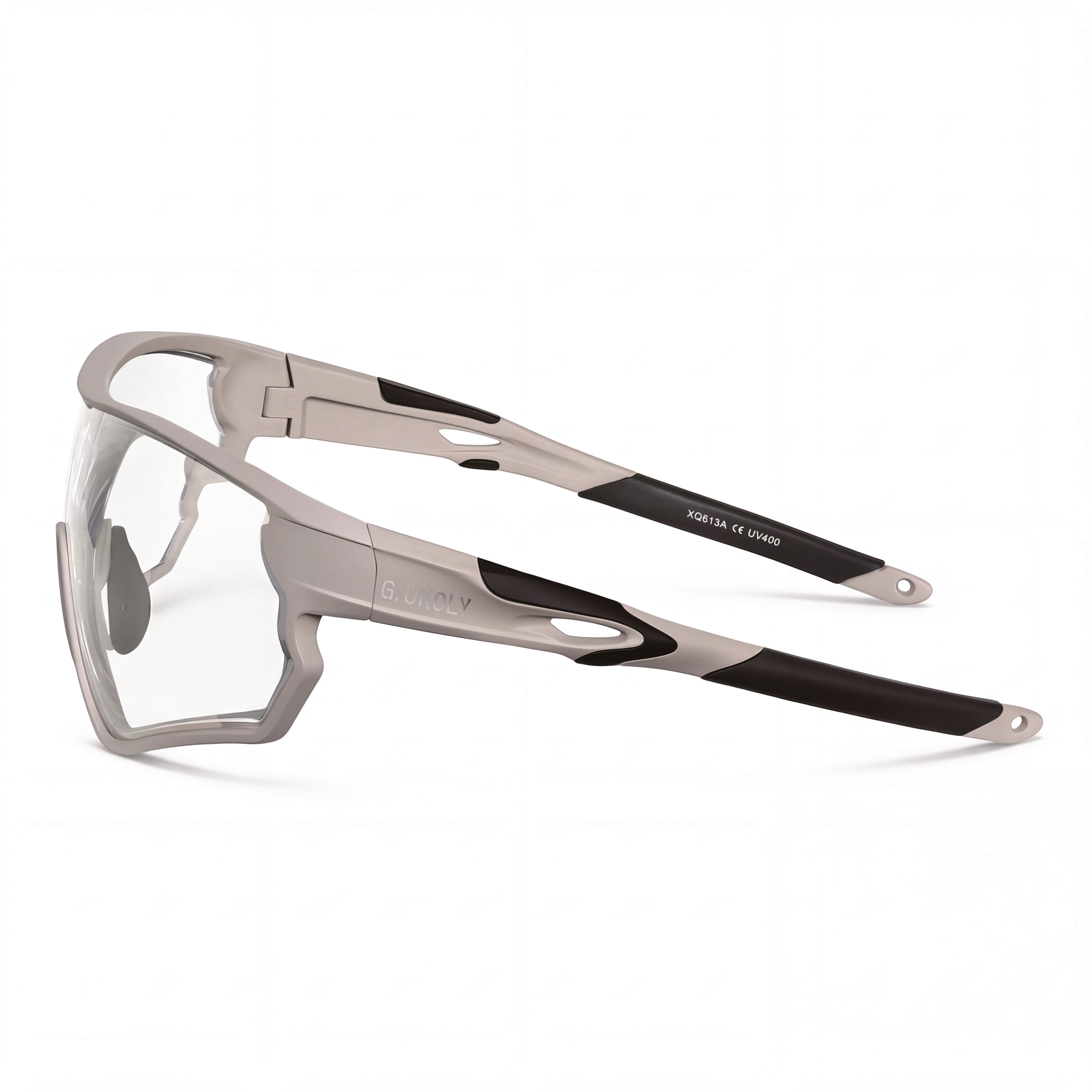 Side view of performance cycling sunglasses with clear prescription lenses and matte black-grey frame