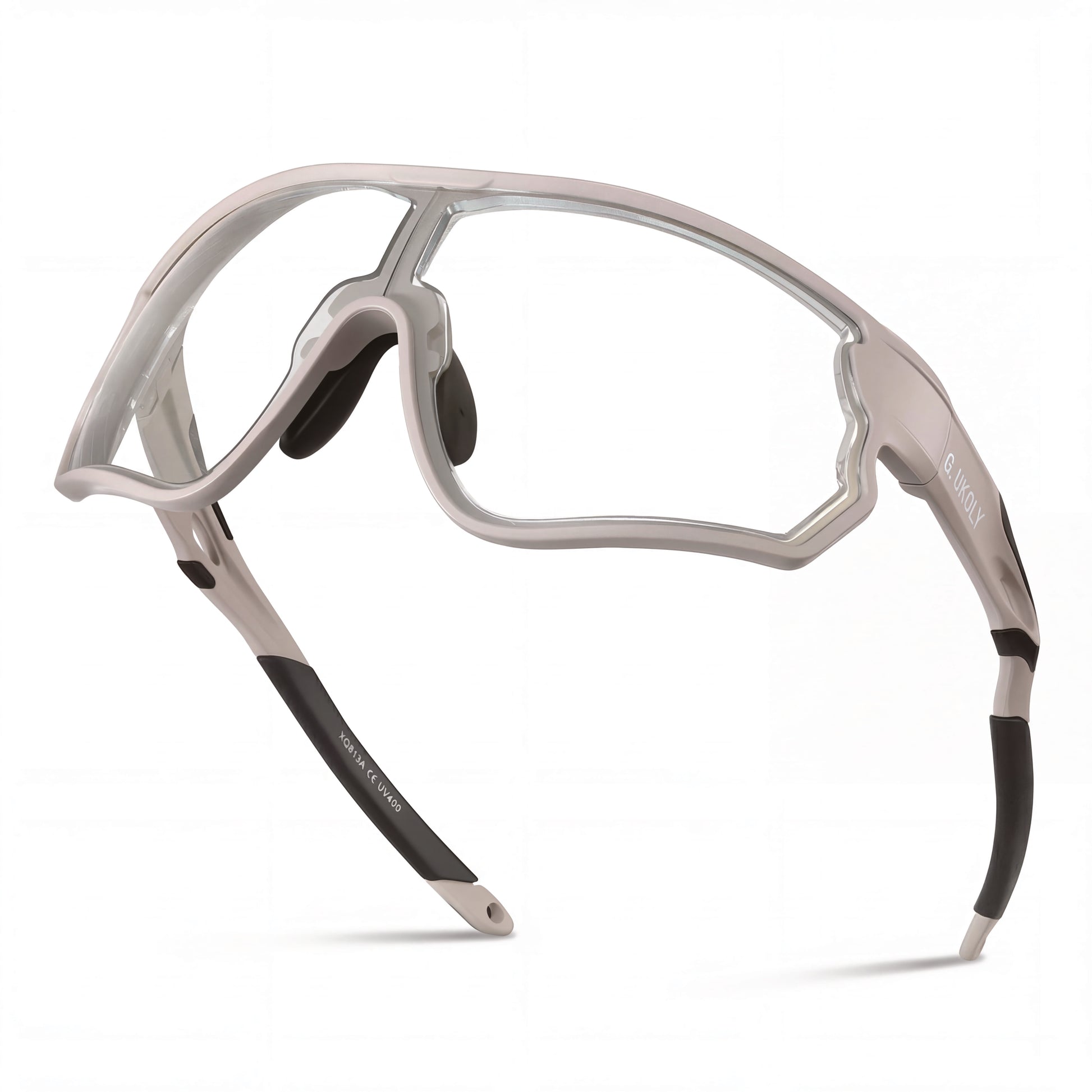 Prescription-ready cycling sunglasses with a clear frame and wraparound design on white background