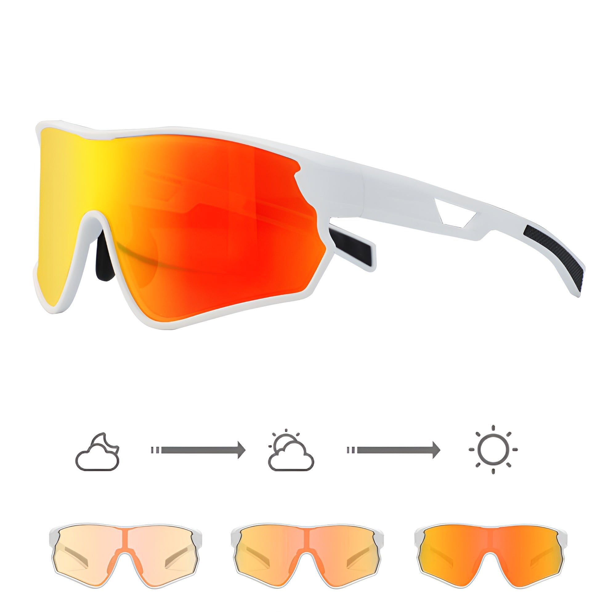 White frame cycling sunglasses with red photochromic lenses and adaptive tint levels shown.
