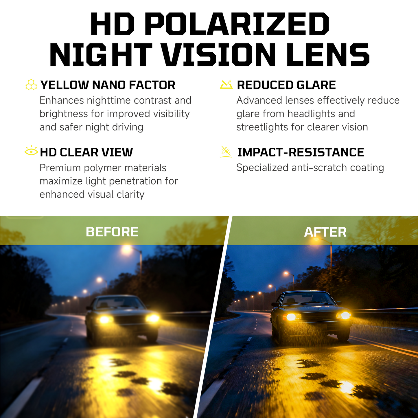 suoso Night Driving Glasses Fit Over Eyeglasses for Men Women, Polarized Anti Glare Night Vision Glasses HD Yellow Lens