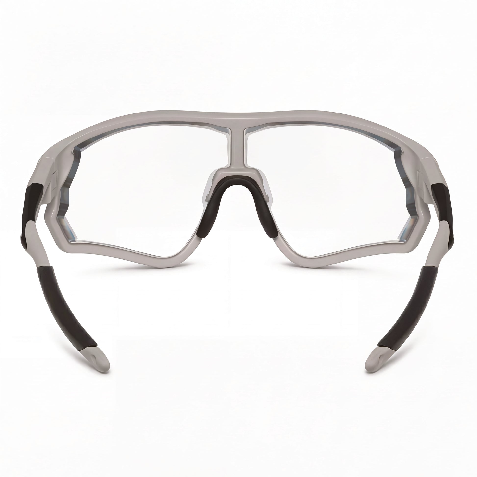 Performance cycling sunglasses with clear RX lenses and a matte grey frame, front view