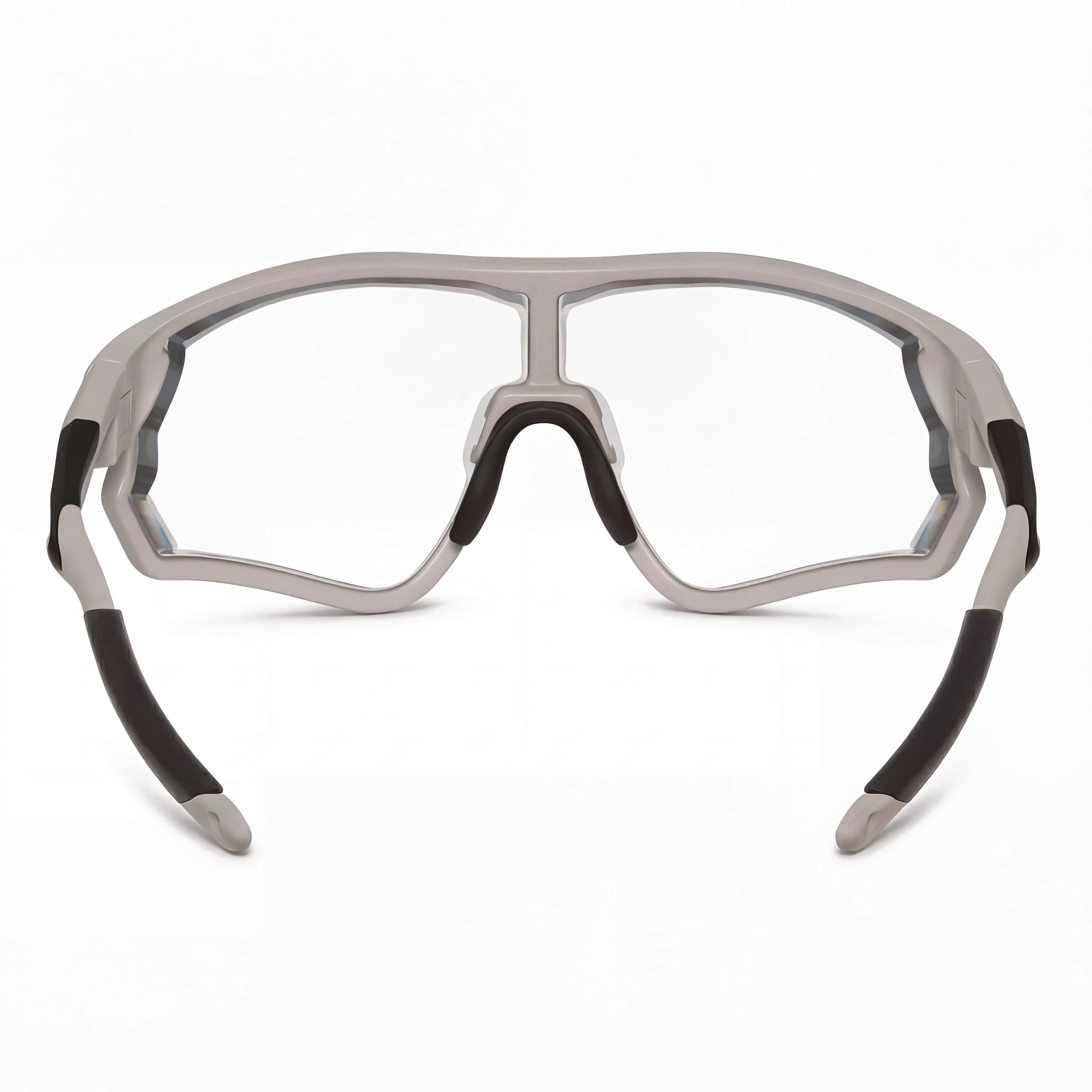 Performance cycling sunglasses with clear RX lenses and a matte grey frame, front view