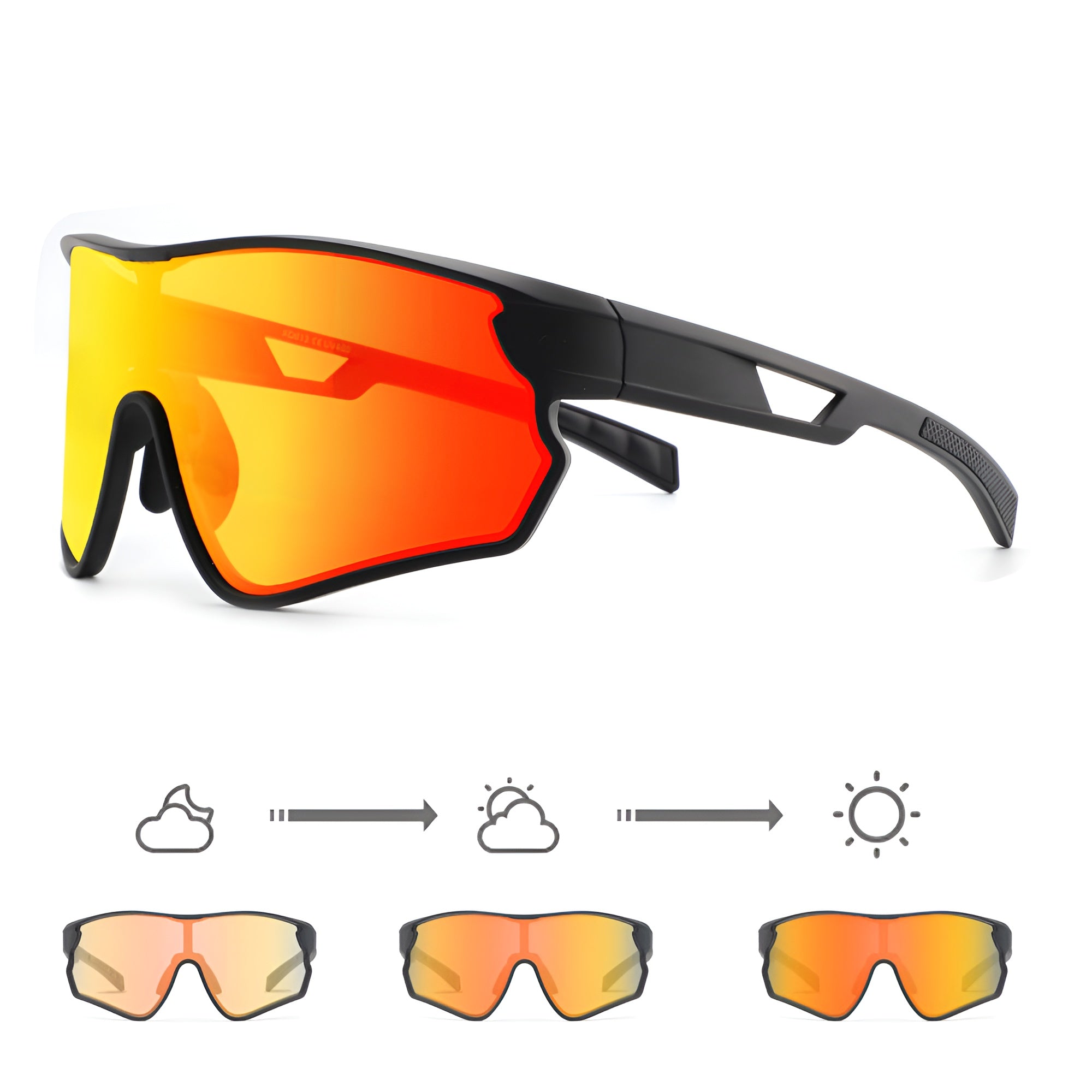 Photochromic cycling sunglasses with black frames and red-orange lenses, showing lens color change in different lighting conditions.