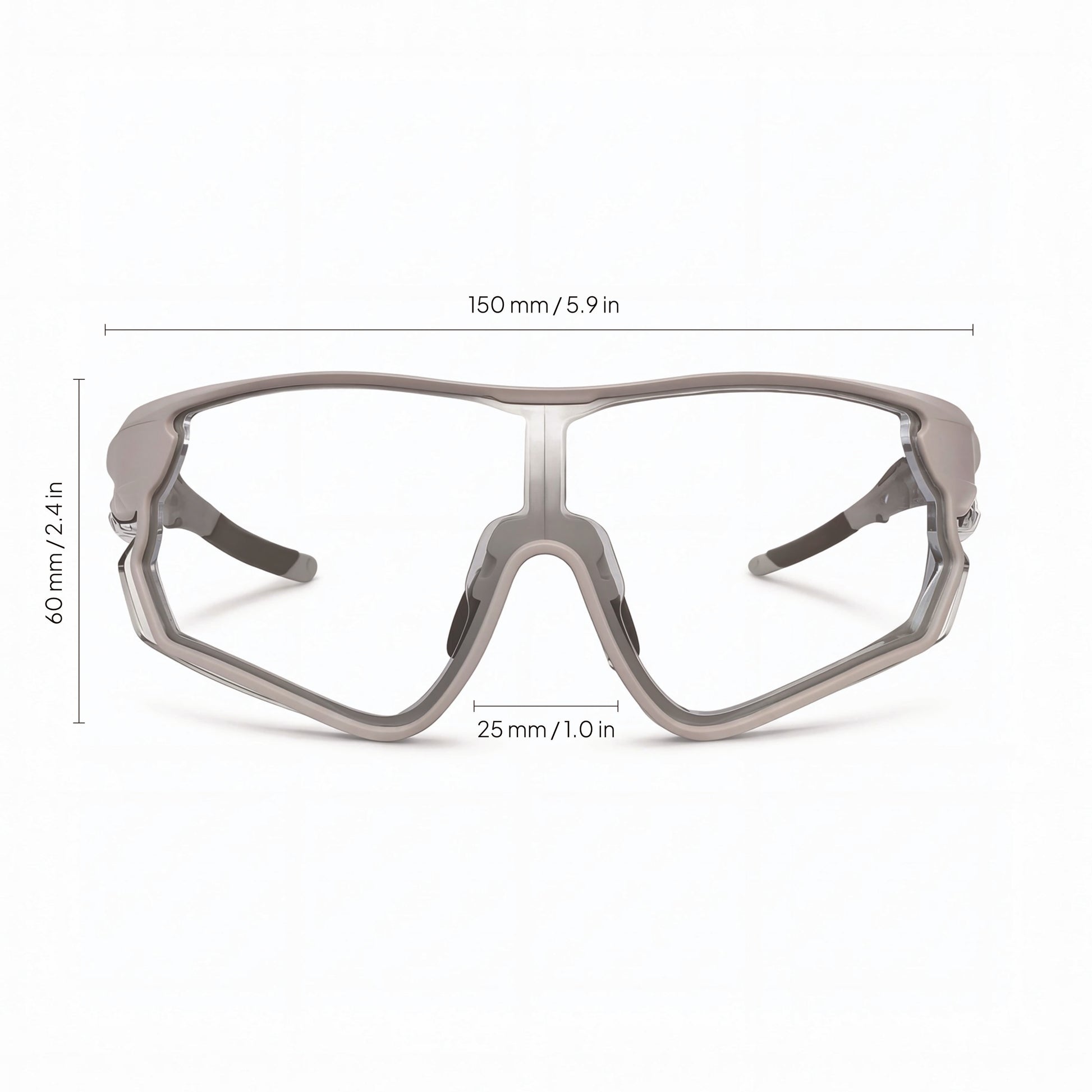 Prescription cycling sunglasses with large clear lenses, grey frame, and size measurements
