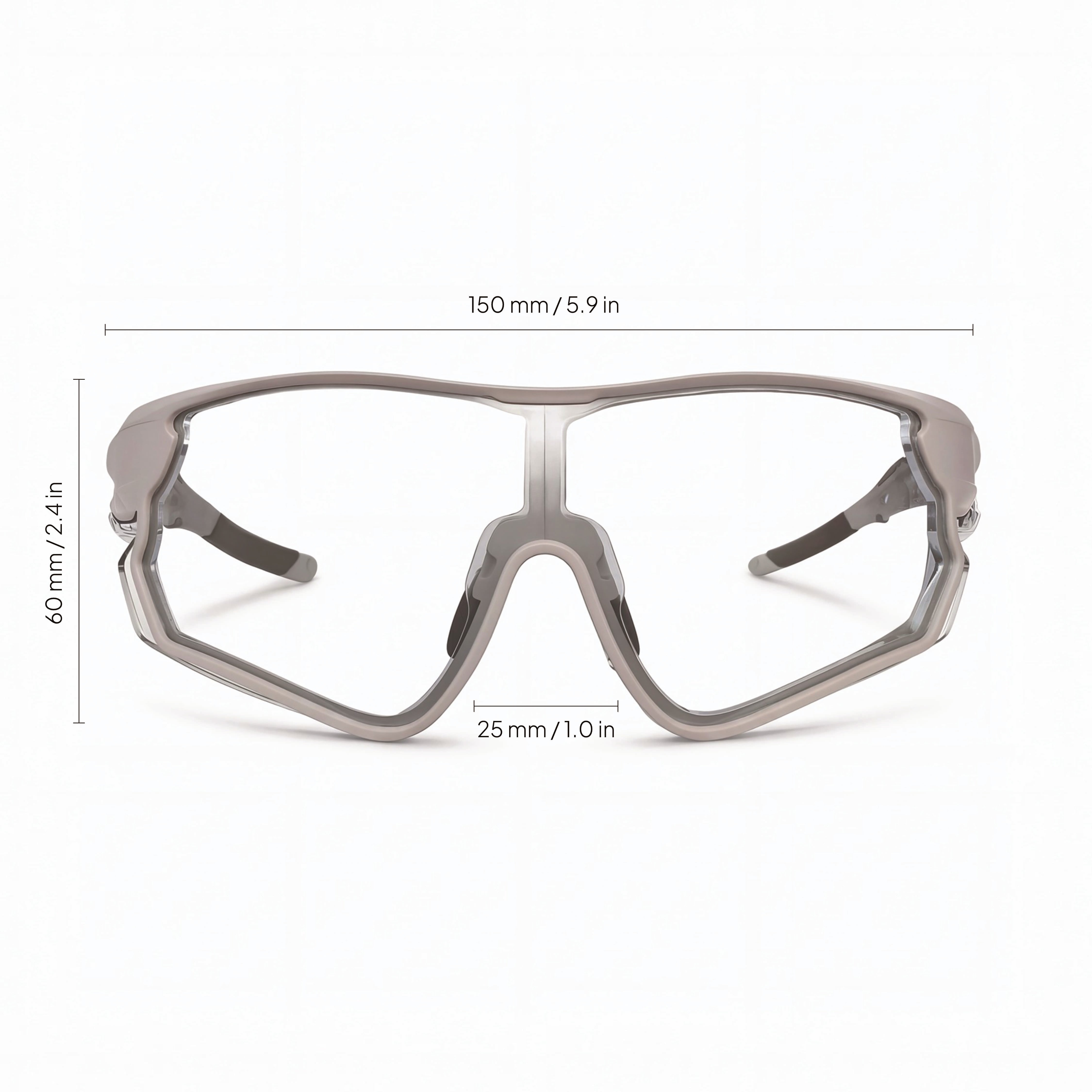 Prescription cycling sunglasses with large clear lenses, grey frame, and size measurements