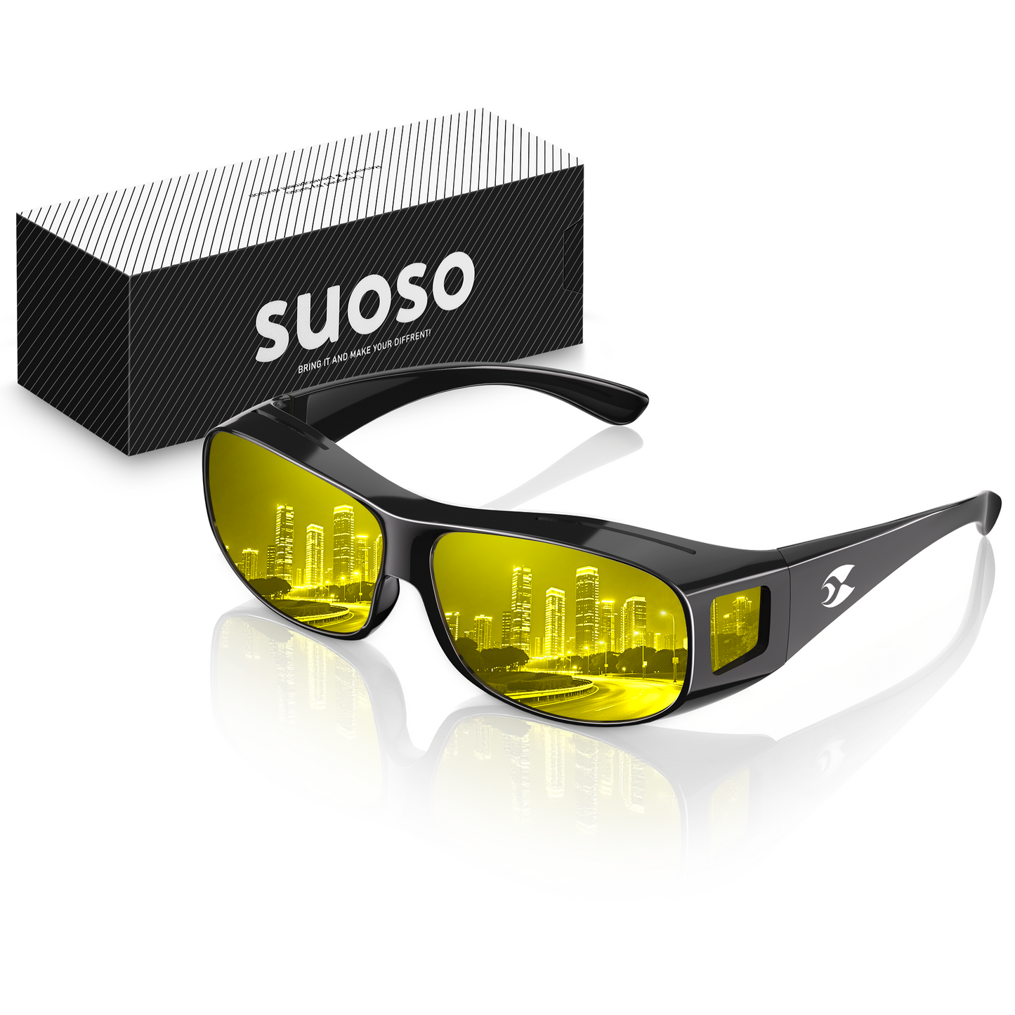 suoso Night Driving Glasses Fit Over Eyeglasses for Men Women, Polarized Anti Glare Night Vision Glasses HD Yellow Lens