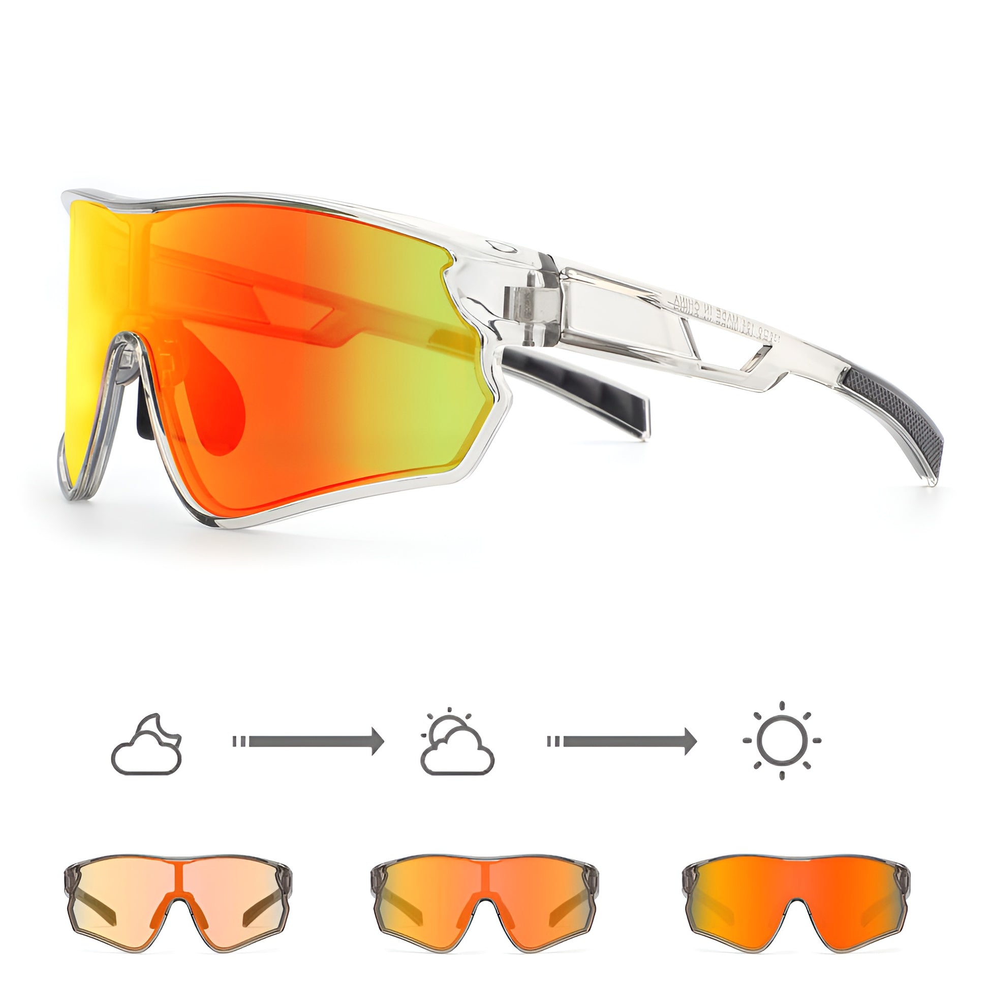 Photochromic cycling sunglasses with red-orange lenses and clear frame, lens changes shown for different light conditions.