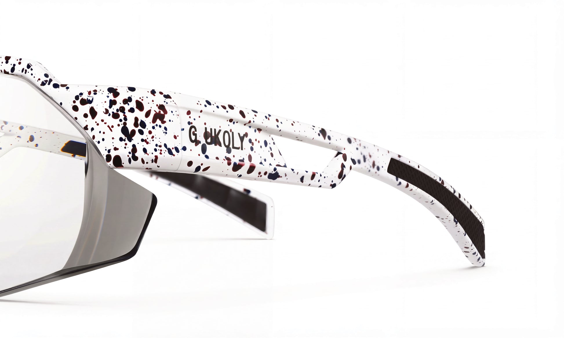 White cycling sunglasses with red and black splatter pattern, performance frame close-up
