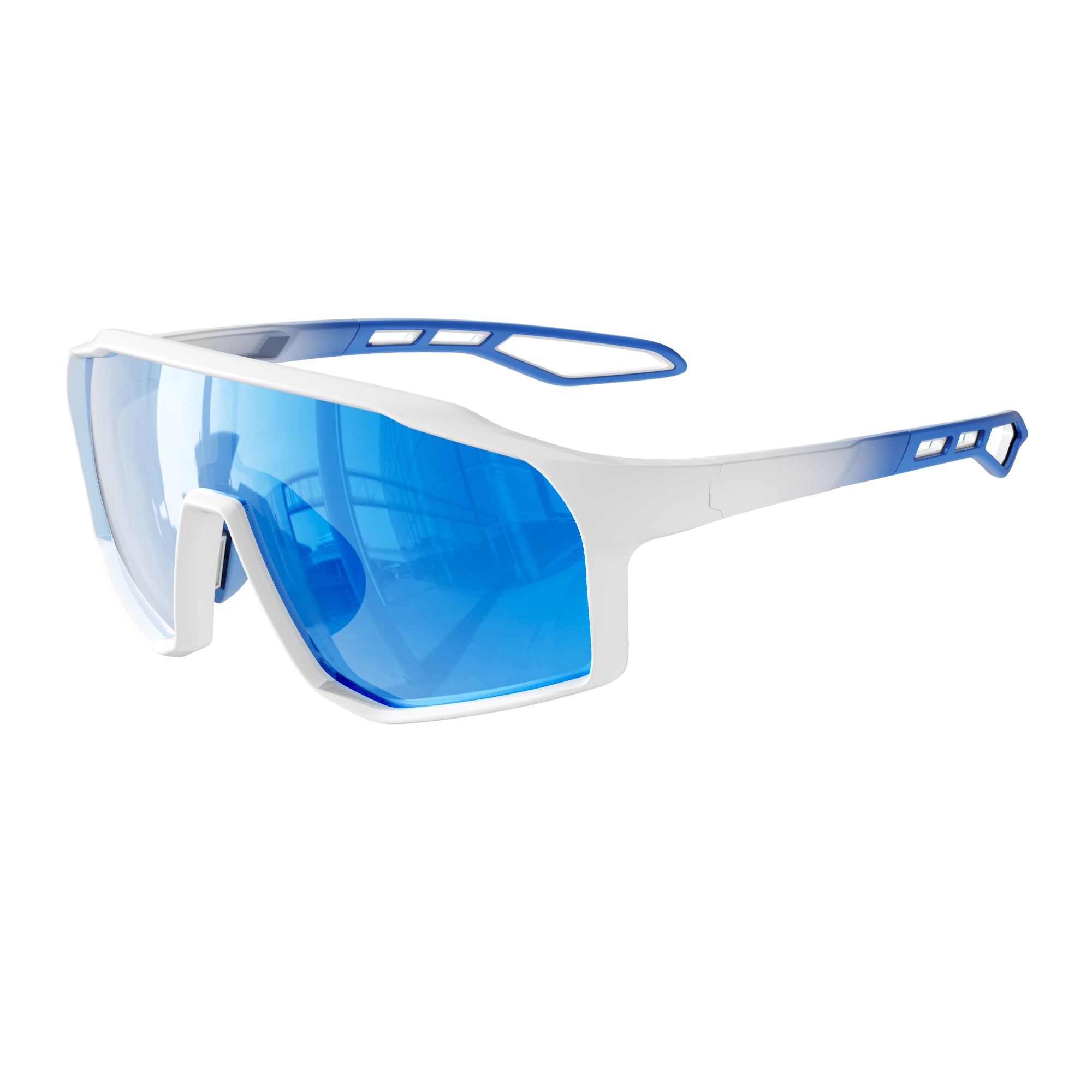 Sunglasses with blue lenses and white frame on a white background