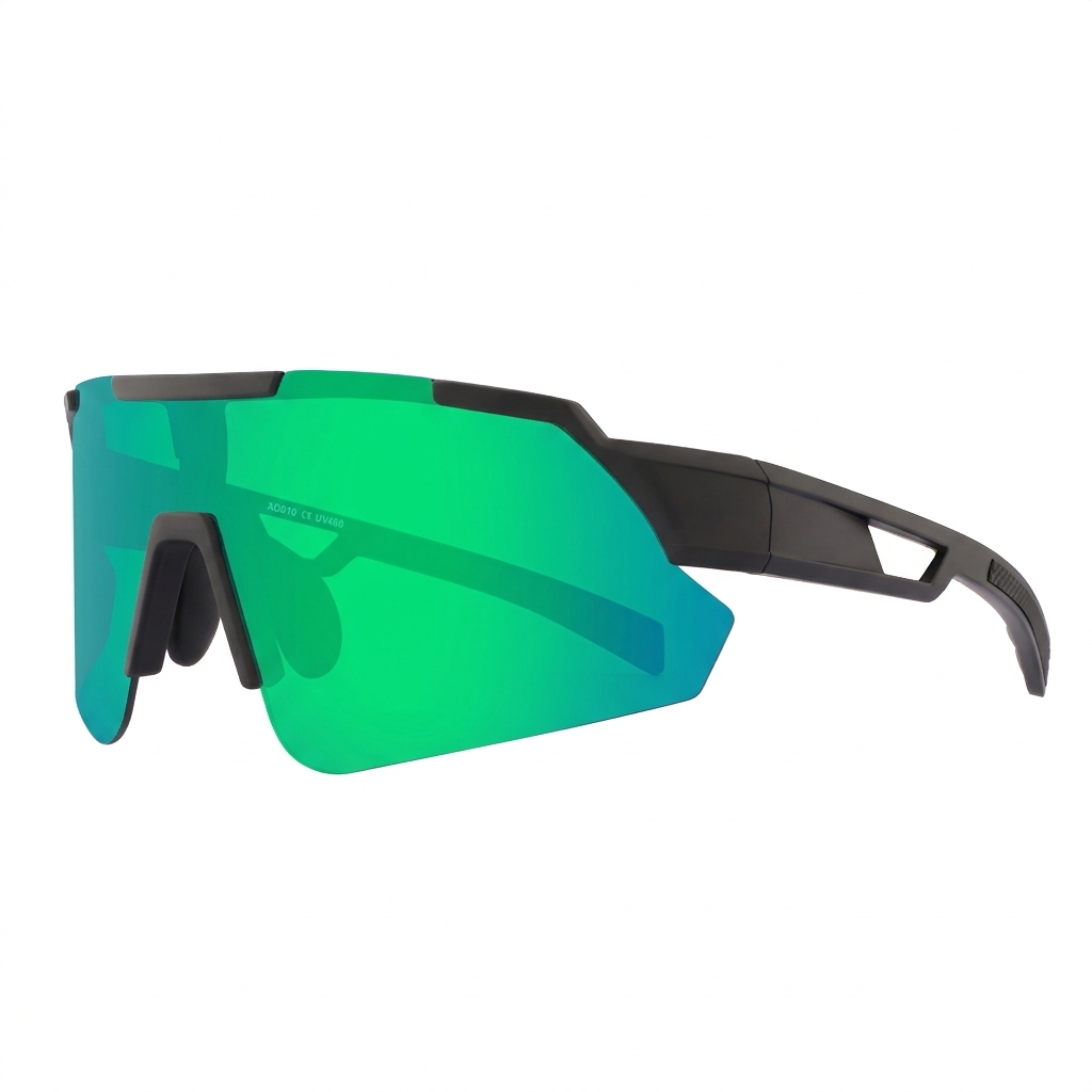Cycling sunglasses with green mirrored shield lens and black performance frame