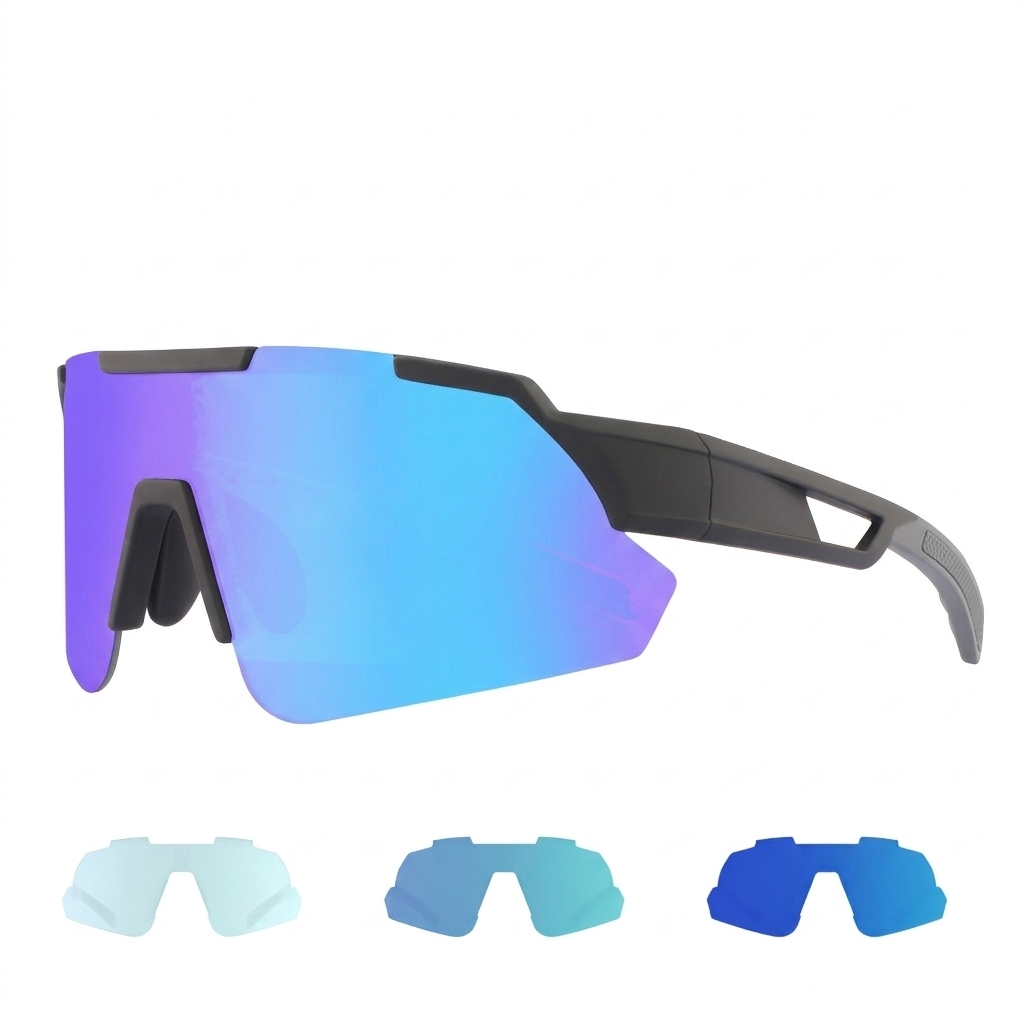 Performance cycling sunglasses with blue mirrored lens, black frame, and three extra lenses
